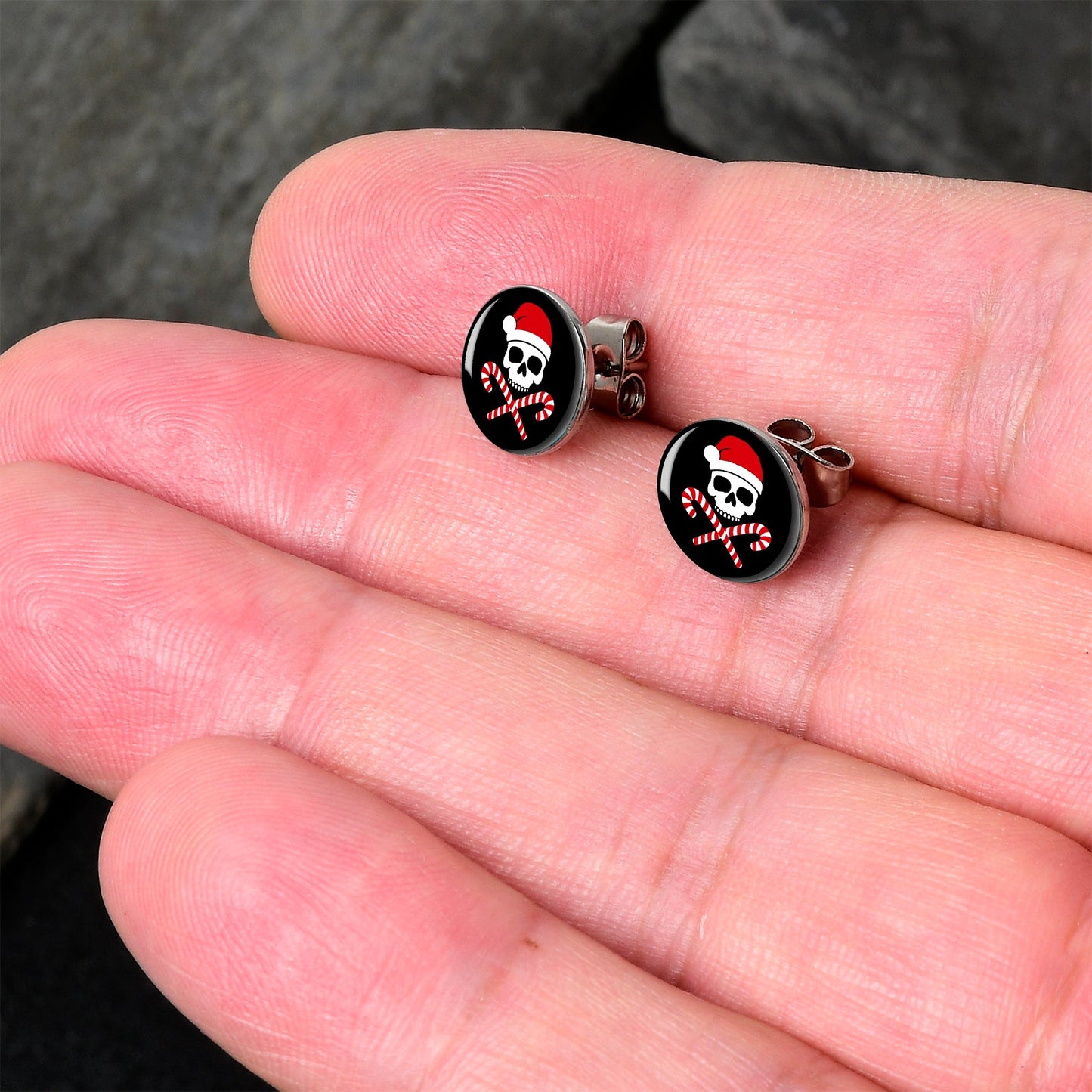 Santa Pirate Candy Cane Skull Stud Earrings by Onyx O