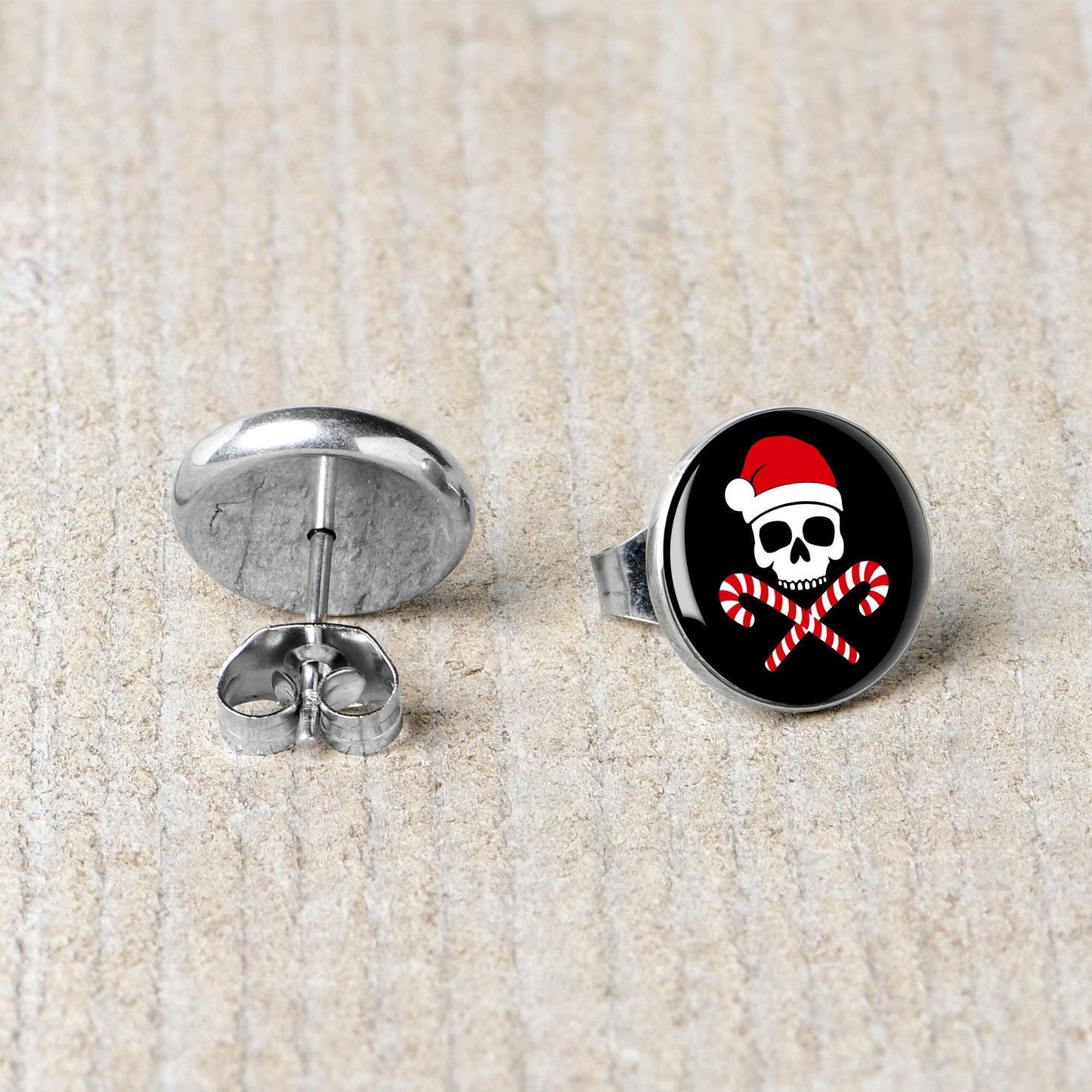 Santa Pirate Candy Cane Skull Stud Earrings by Onyx O