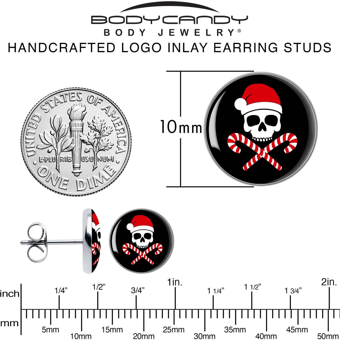 Santa Pirate Candy Cane Skull Stud Earrings by Onyx O