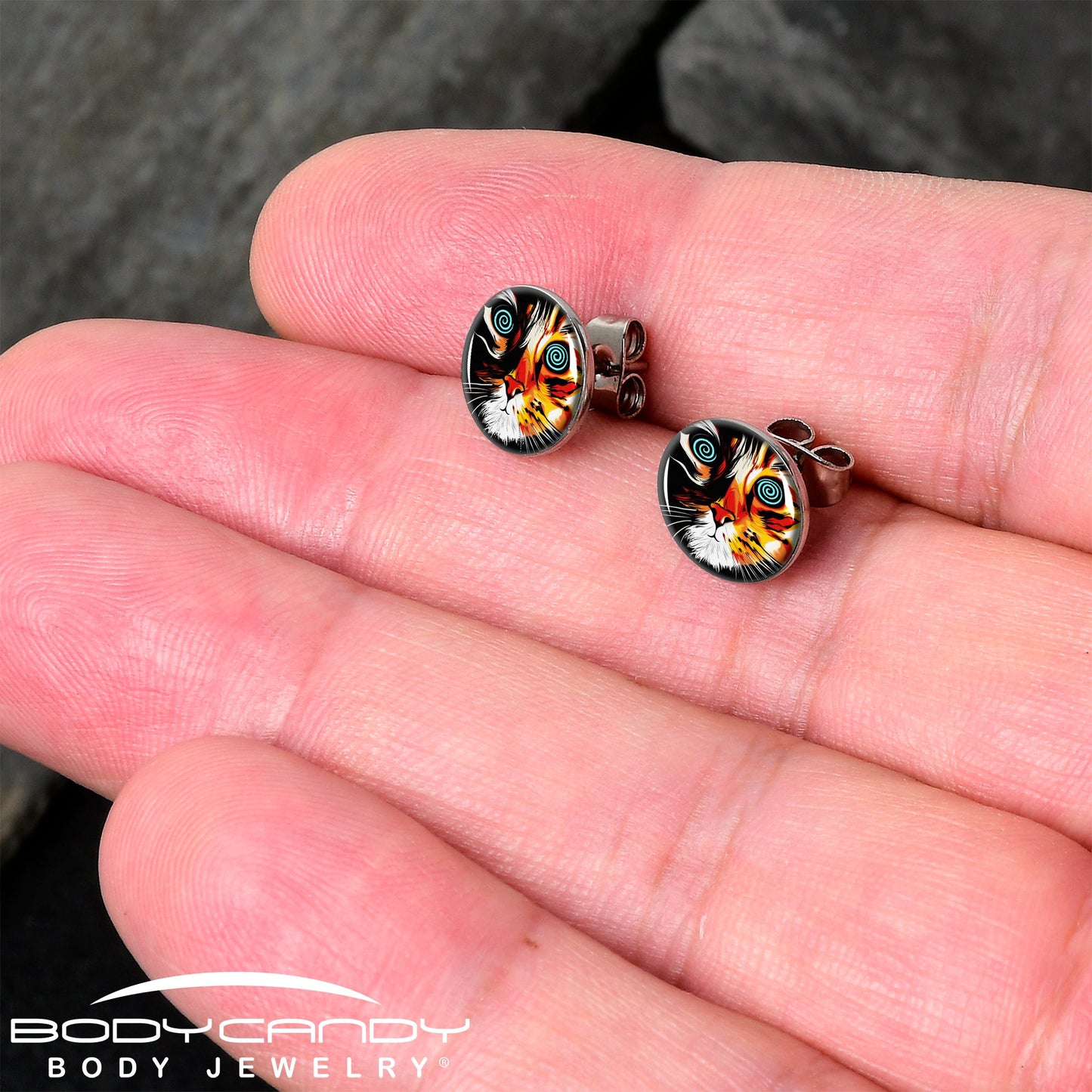 Colorful Trippy Cat Stud Earrings by Onyx O