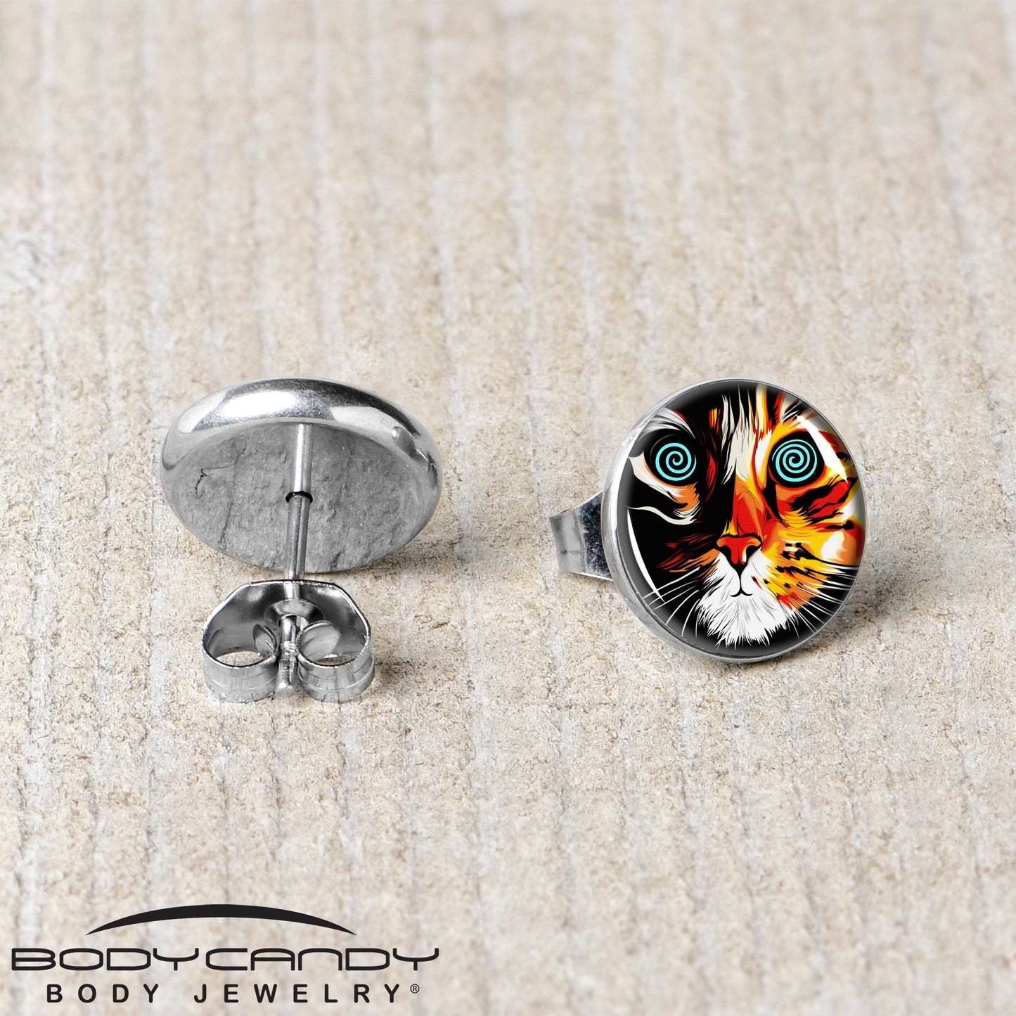 Colorful Trippy Cat Stud Earrings by Onyx O