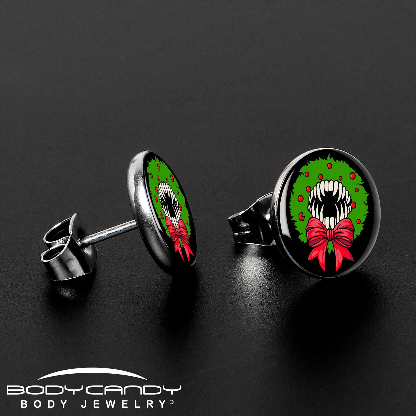 Holiday Vampire Wreath Stud Earrings by Onyx O