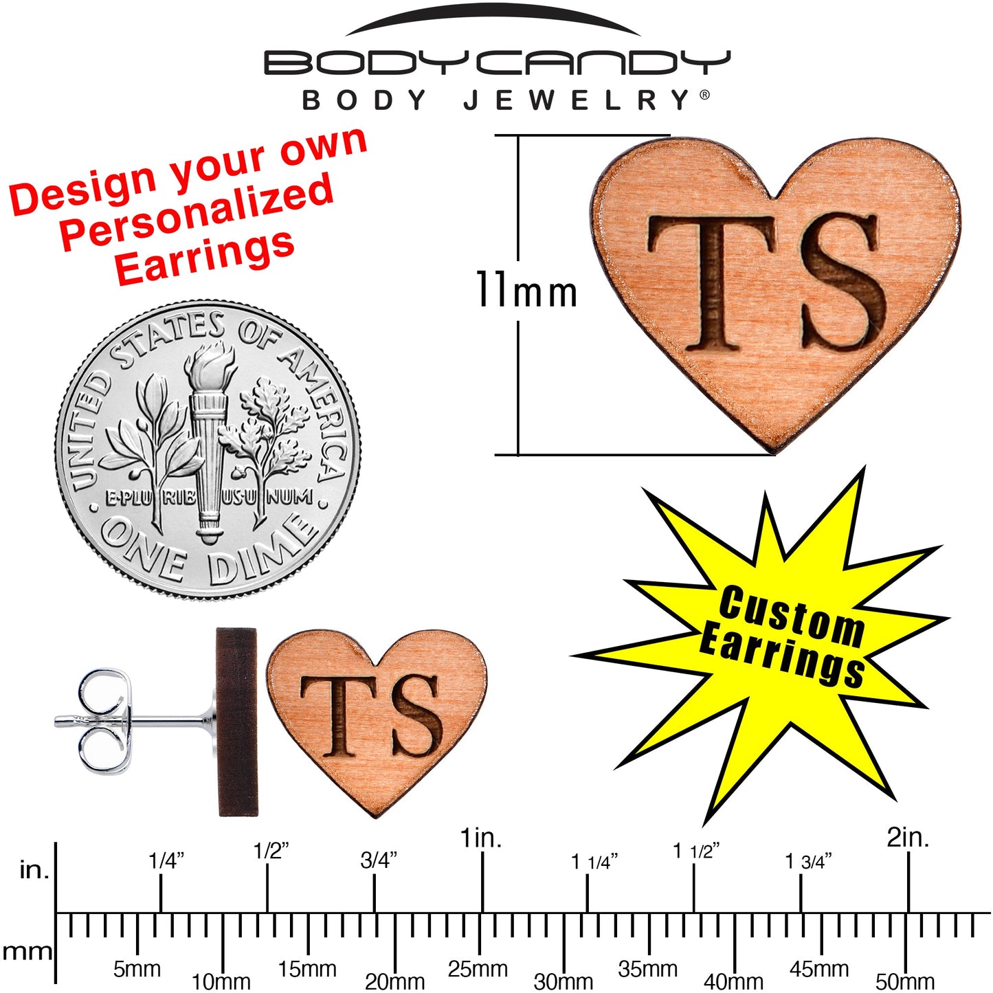 Custom No 1 Earrings Wood Initial Heart Personalized Stud Earrings