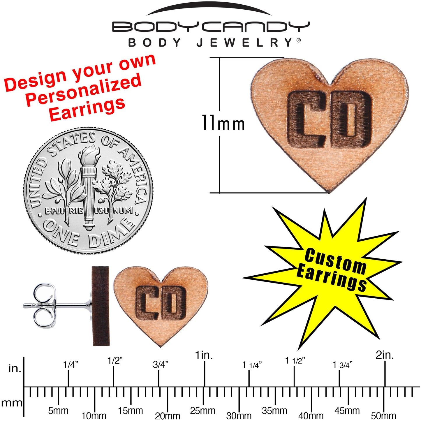 Custom No 2 Earrings Wood Initial Heart Personalized Stud Earrings