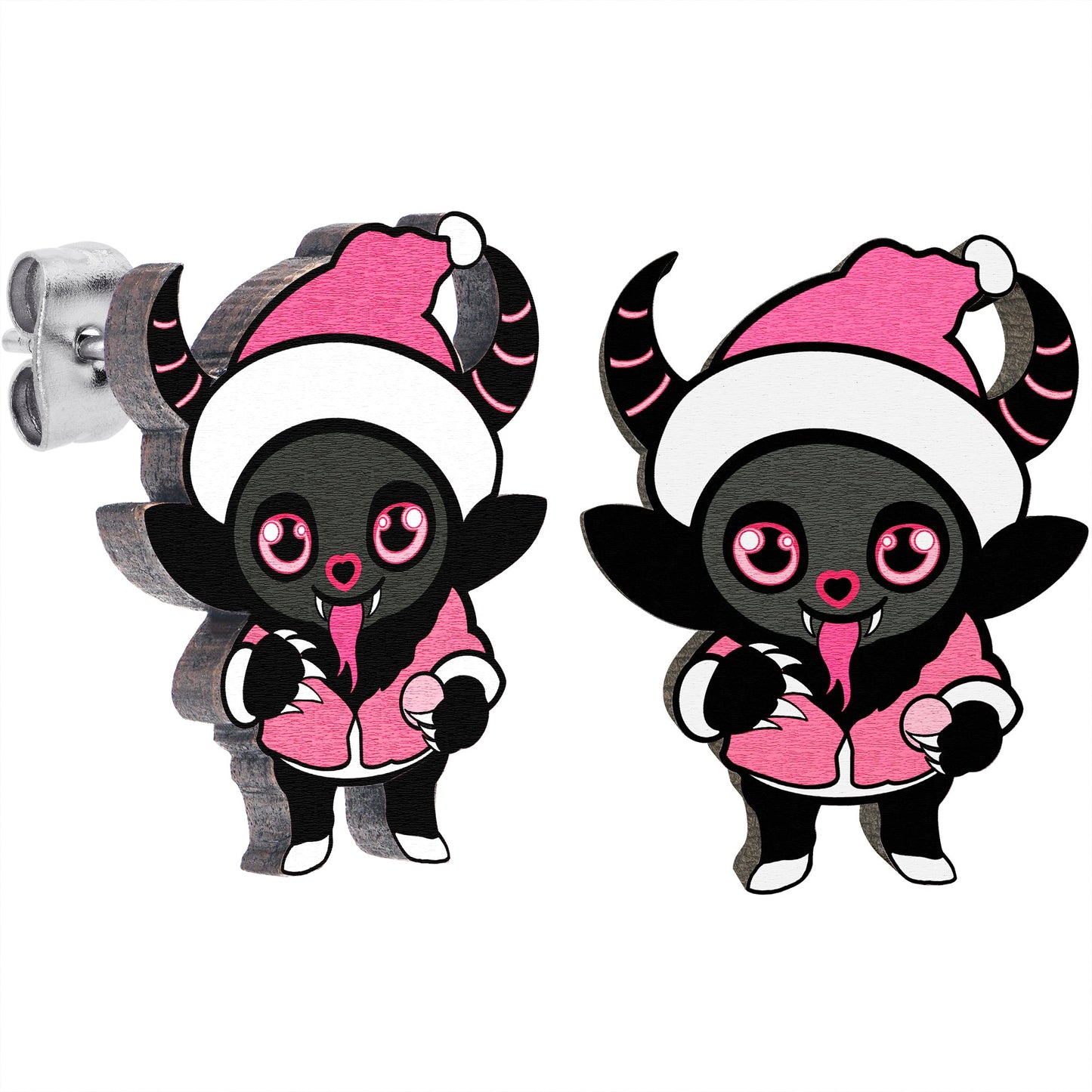 Handmade Wooden Krampus Cutie Holiday Christmas Stud Earrings by Onyx O