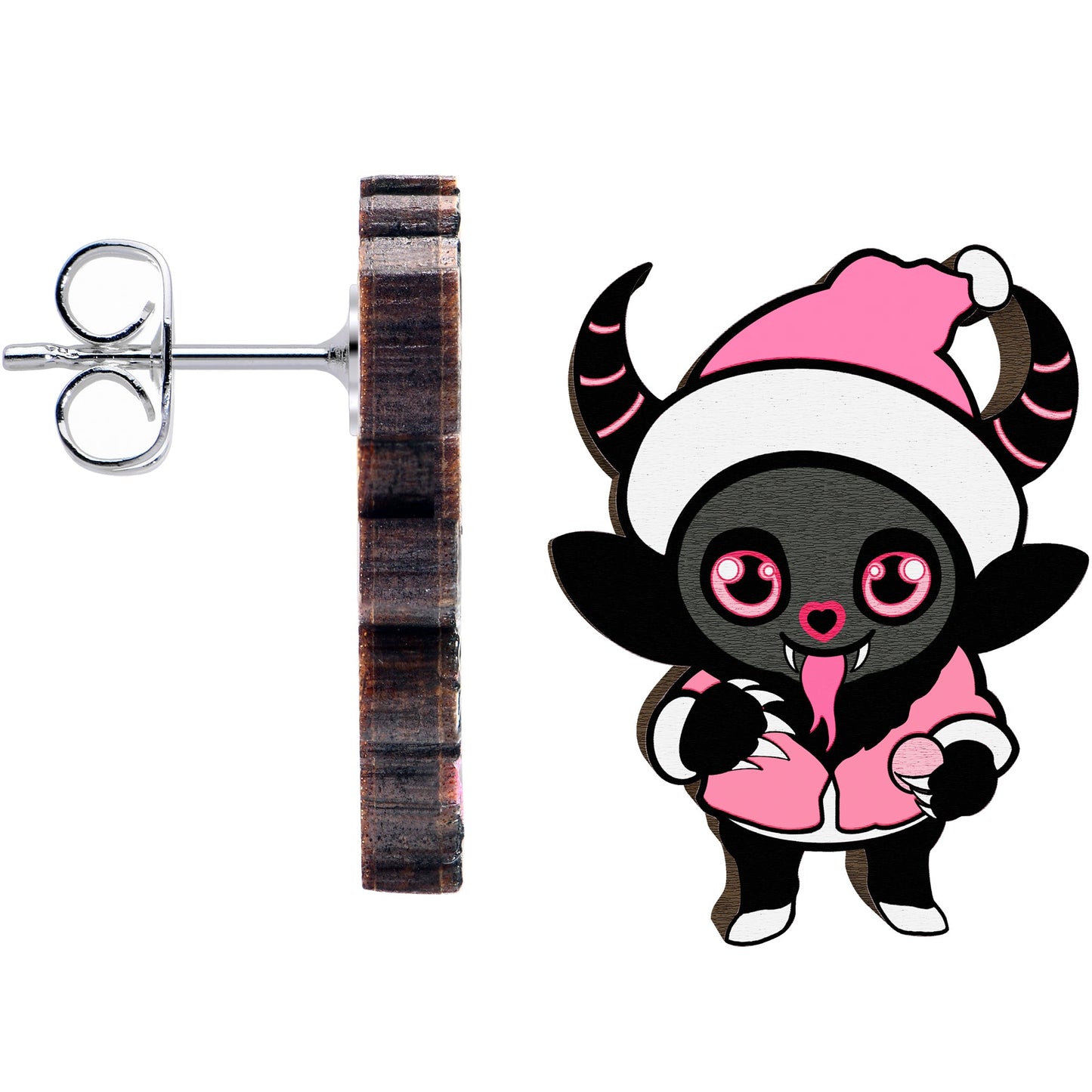 Handmade Wooden Krampus Cutie Holiday Christmas Stud Earrings by Onyx O