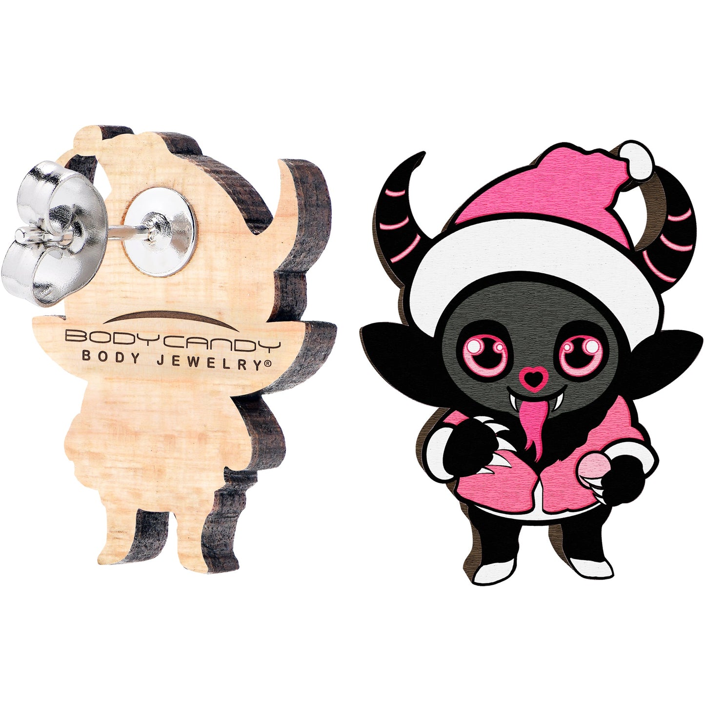 Handmade Wooden Krampus Cutie Holiday Christmas Stud Earrings by Onyx O