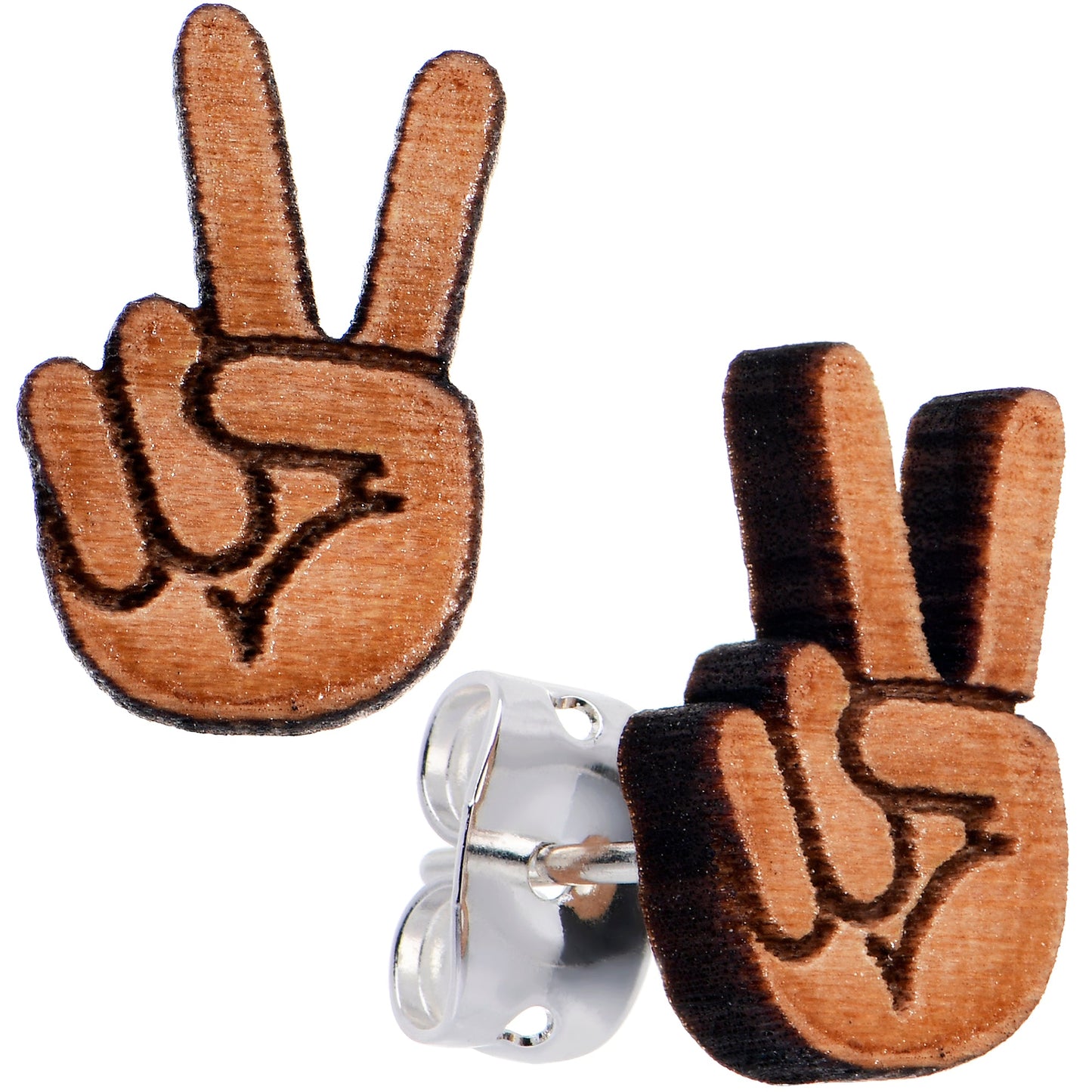 Natural Maple Wood Peace Sign Fingers Stud Earrings
