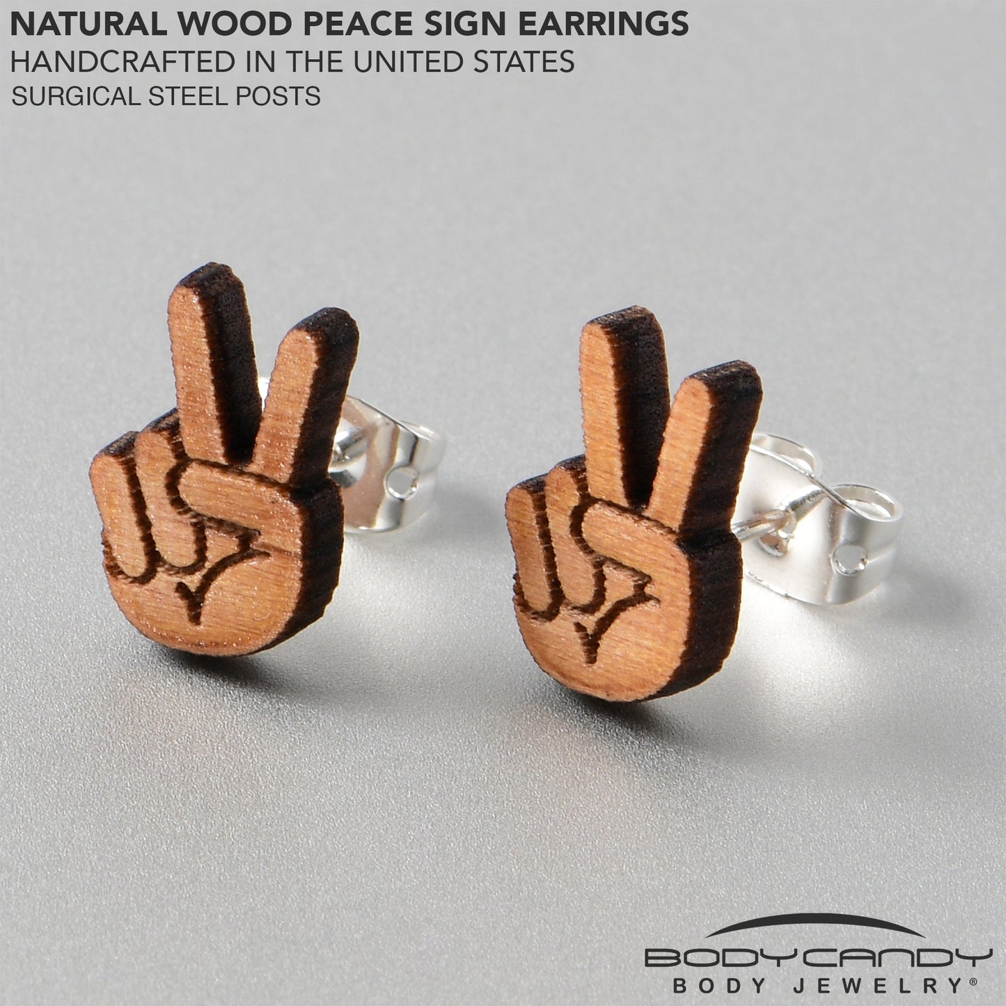 Natural Maple Wood Peace Sign Fingers Stud Earrings