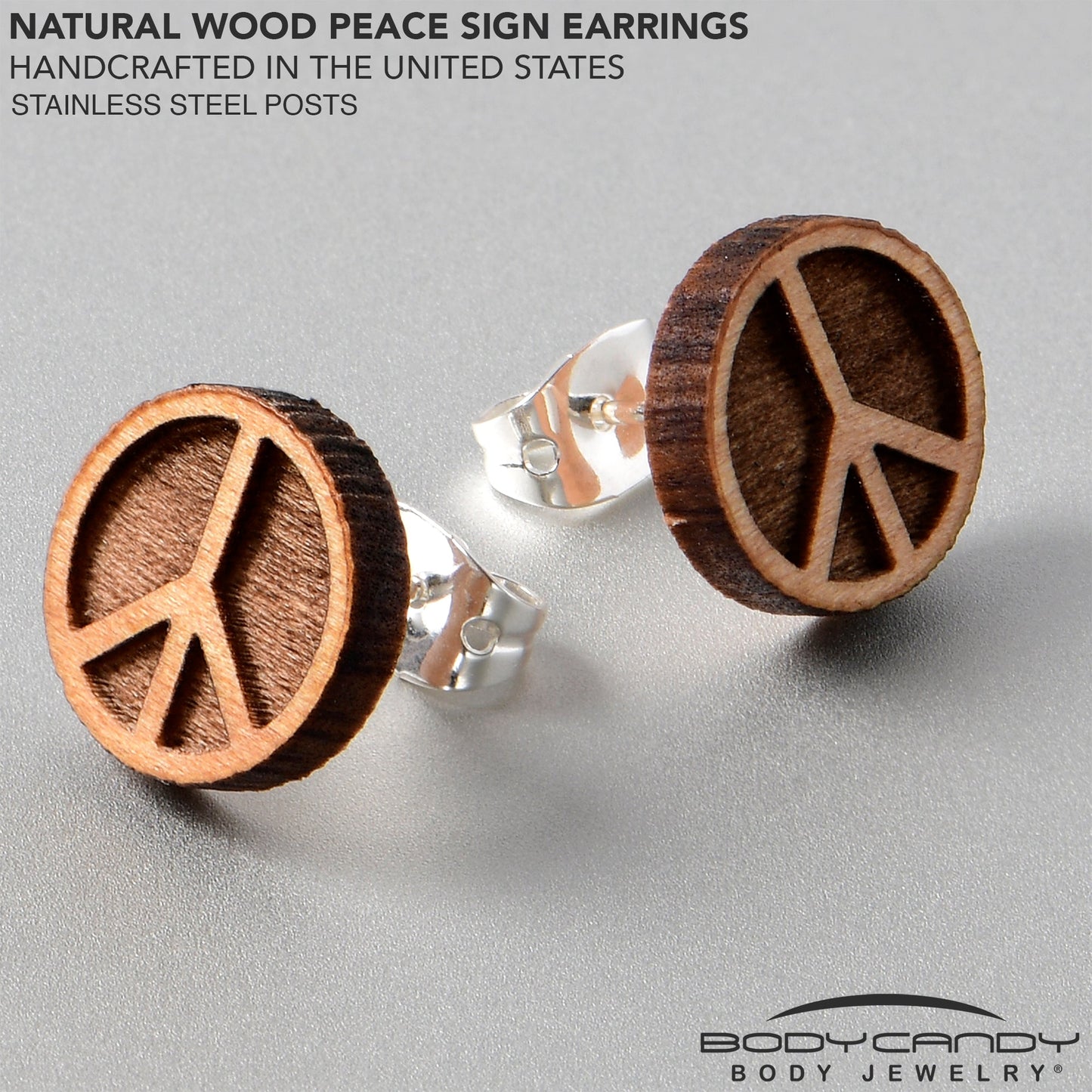 Natural Maple Wood Peace Sign Symbol Stud Earrings