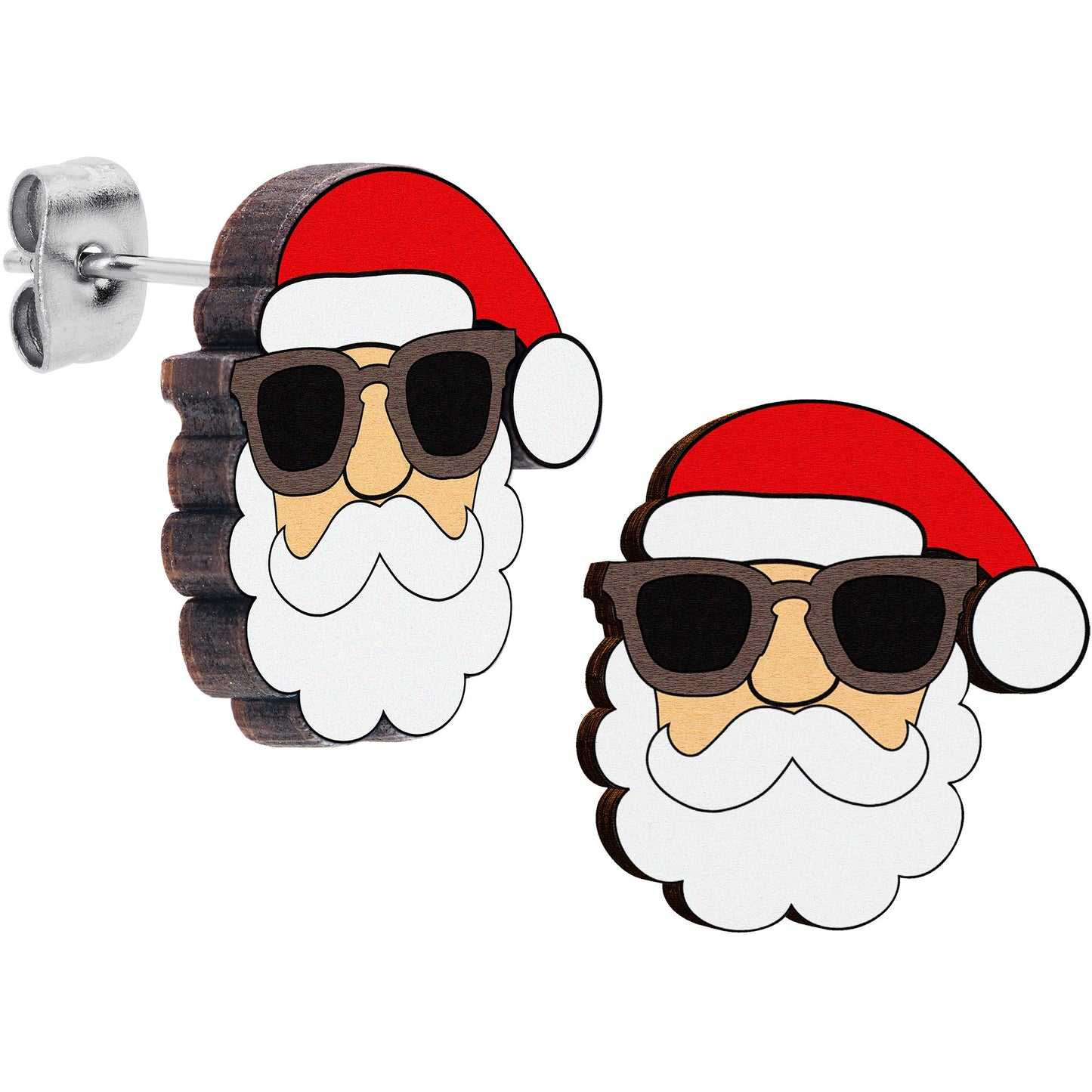 Handmade Wooden Santa Claus Holiday Christmas Stud Earrings by Onyx O
