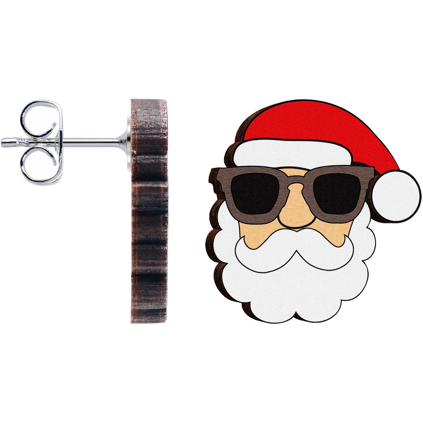 Handmade Wooden Santa Claus Holiday Christmas Stud Earrings by Onyx O