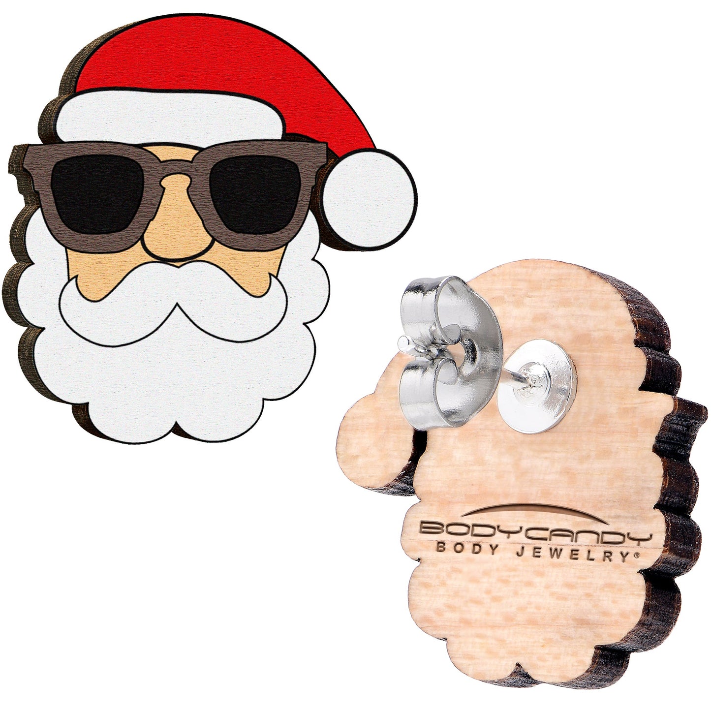 Handmade Wooden Santa Claus Holiday Christmas Stud Earrings by Onyx O