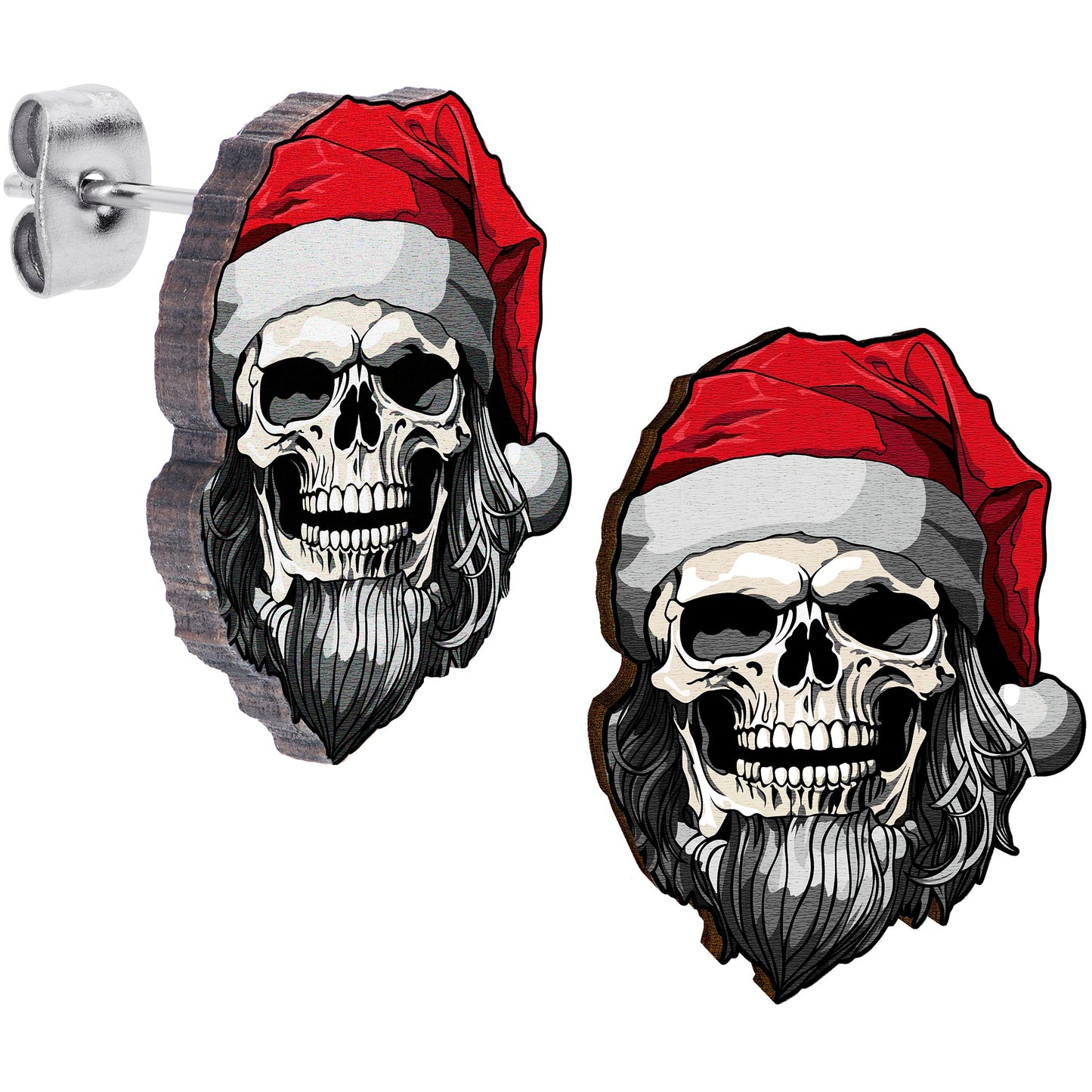 Handmade Wooden Skeleton Claus Holiday Christmas Stud Earrings by Onyx O