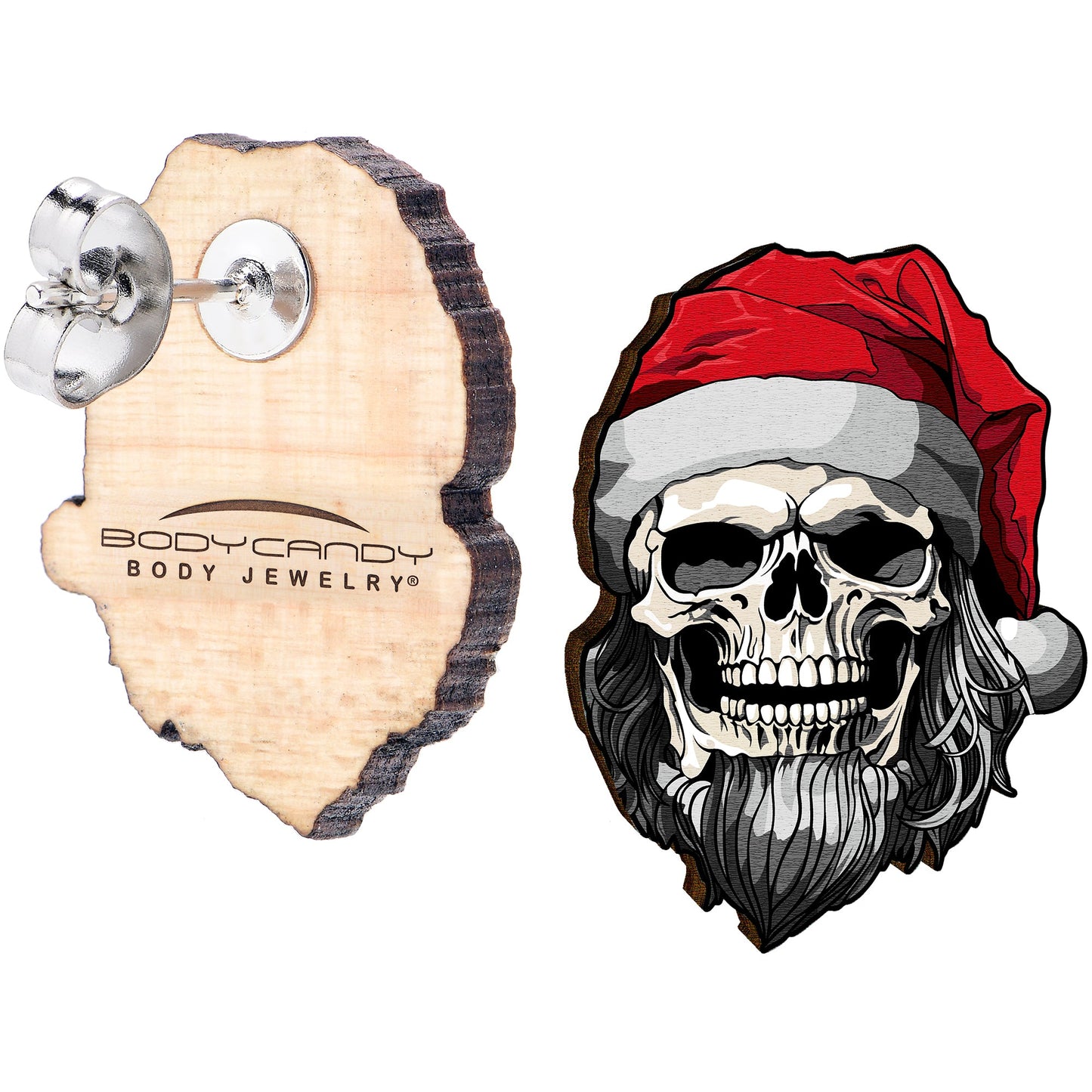 Handmade Wooden Skeleton Claus Holiday Christmas Stud Earrings by Onyx O