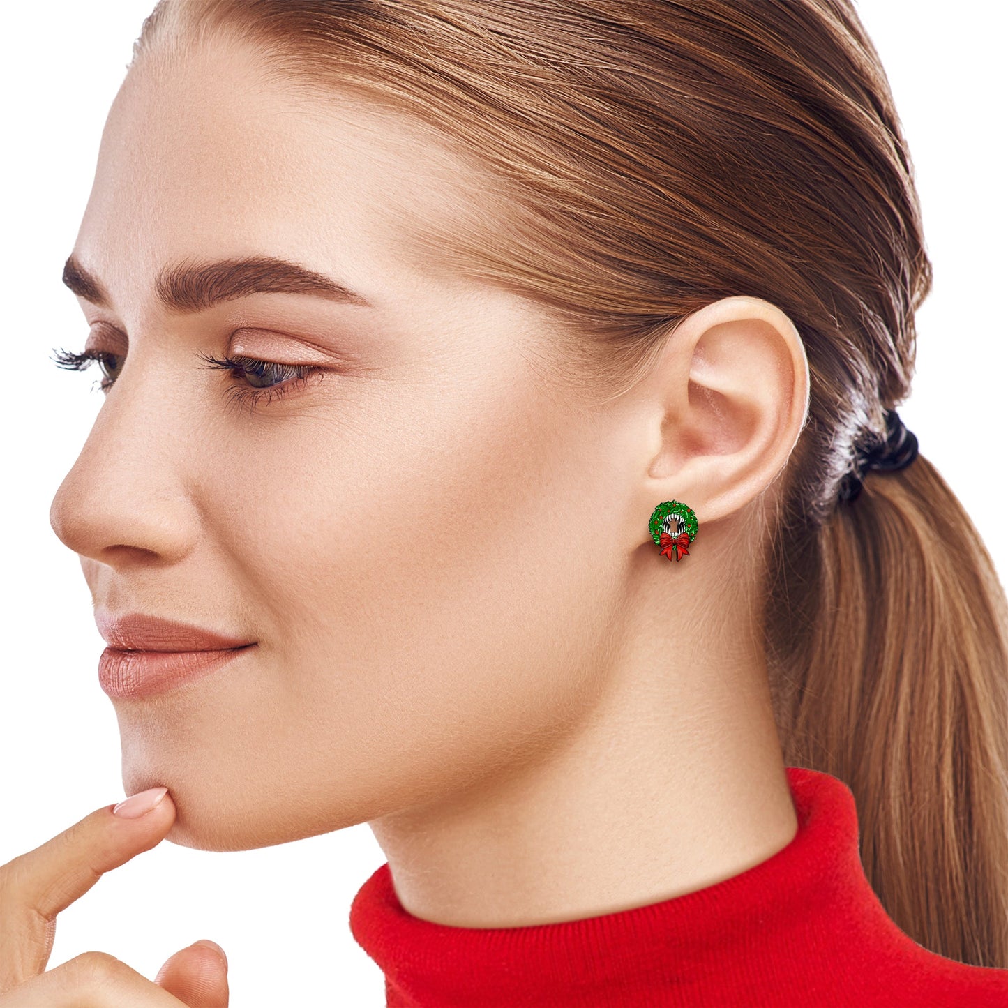 Handmade Wooden Vampire Wreath Holiday Christmas Stud Earrings by Onyx O