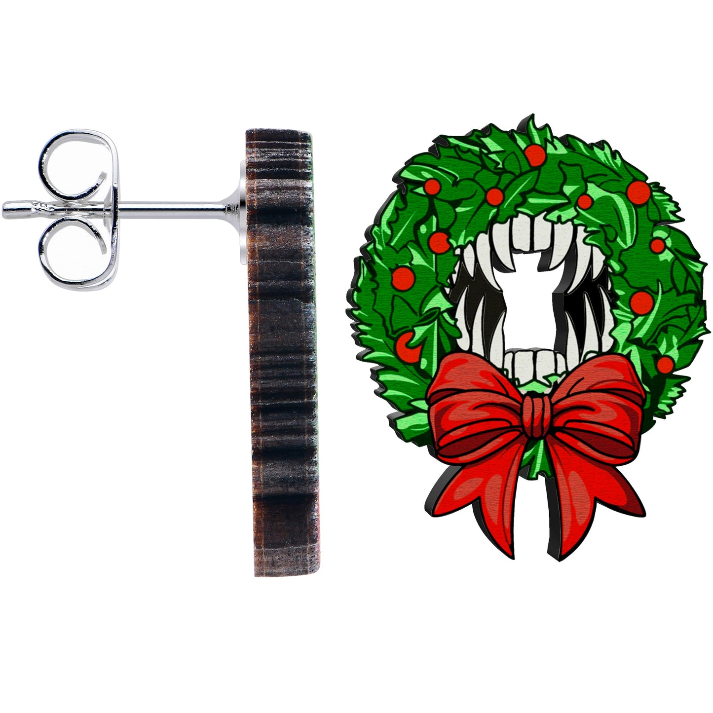 Handmade Wooden Vampire Wreath Holiday Christmas Stud Earrings by Onyx O