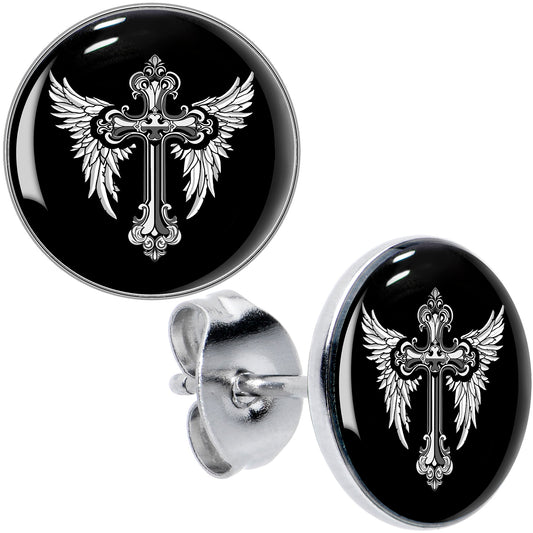 Black White Winged Cross Stud Earrings by Onyx O