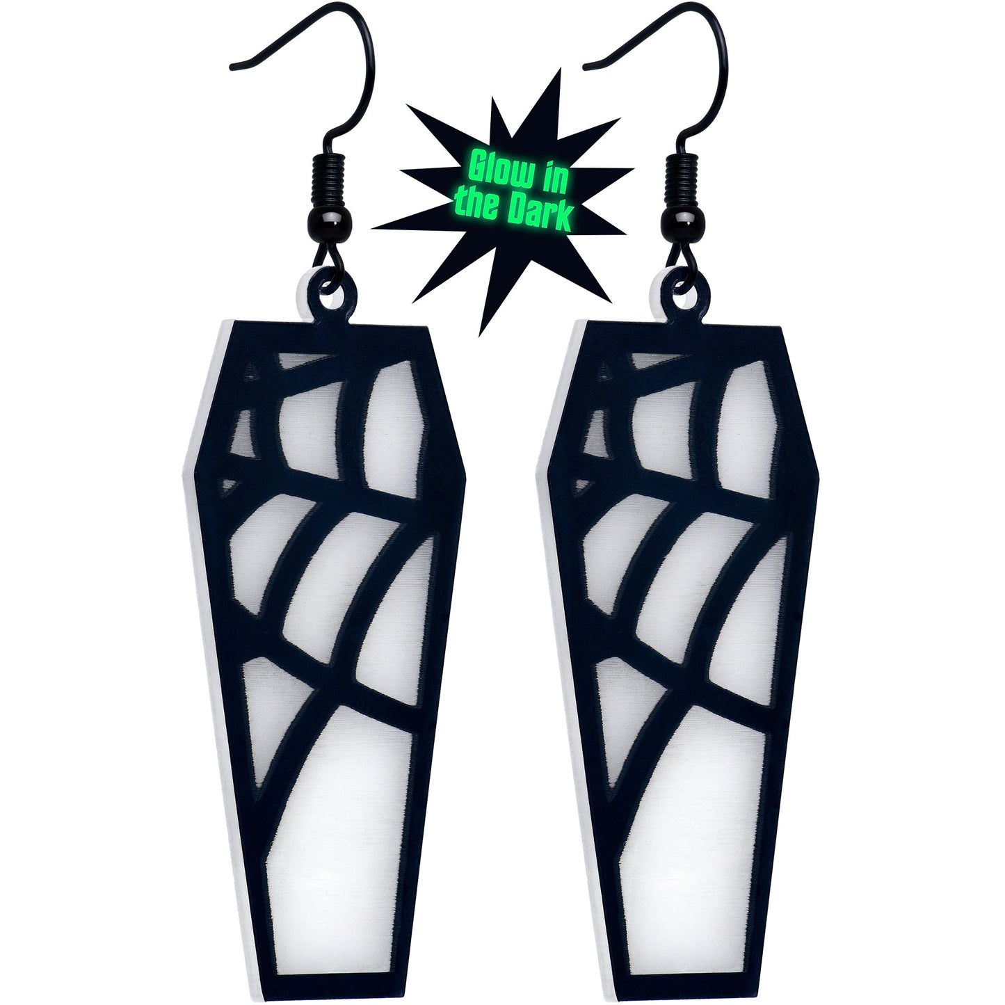 Black Spider Web Coffin Glow in the Dark Dangle Earrings by Onyx O