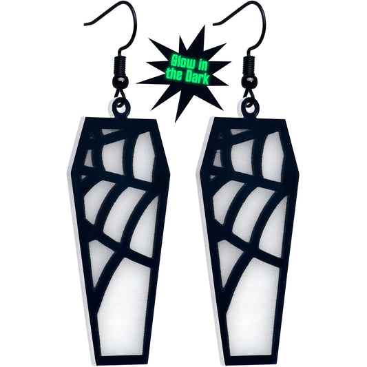 Black Spider Web Coffin Glow in the Dark Dangle Earrings by Onyx O