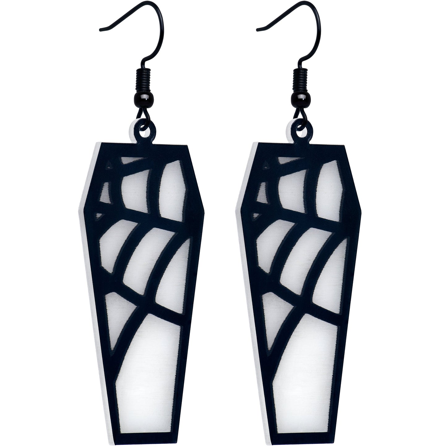 Black Spider Web Coffin Glow in the Dark Dangle Earrings by Onyx O