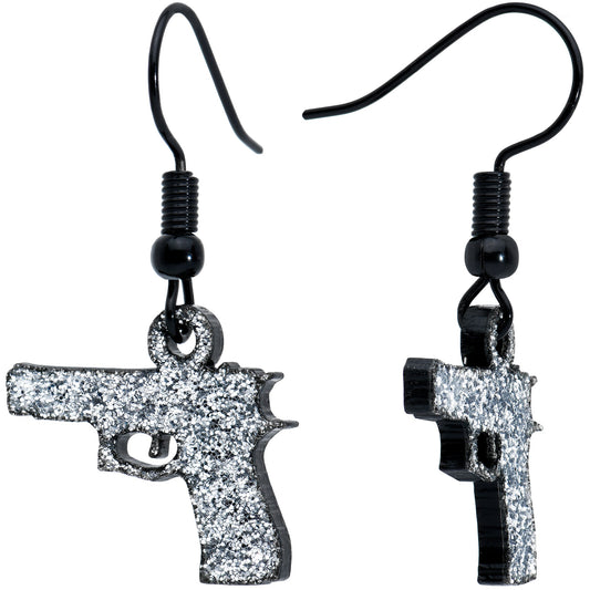 Silver Glitter Gun Fishhook Dangle Earrings
