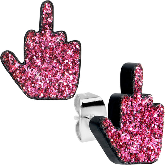 Pink Glitter Middle Finger Stud Earrings Set