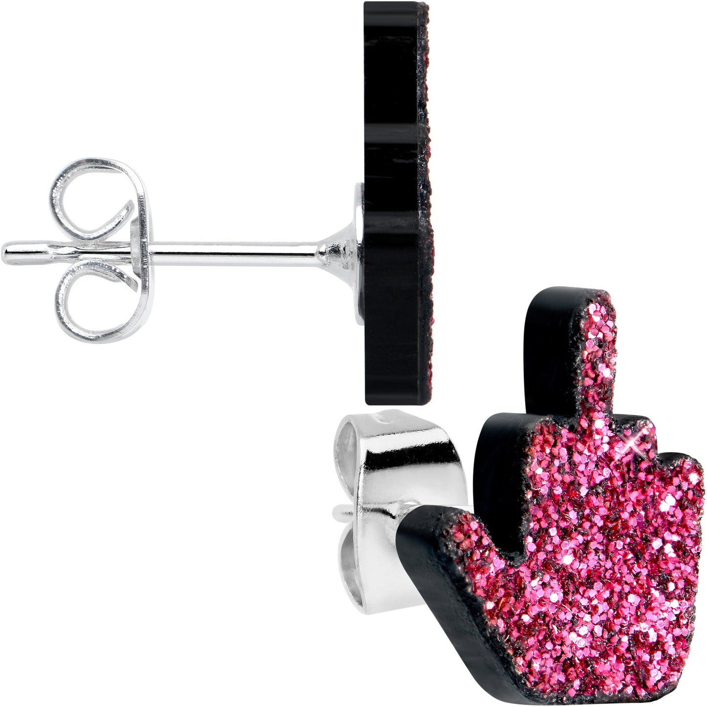 Pink Glitter Middle Finger Stud Earrings Set