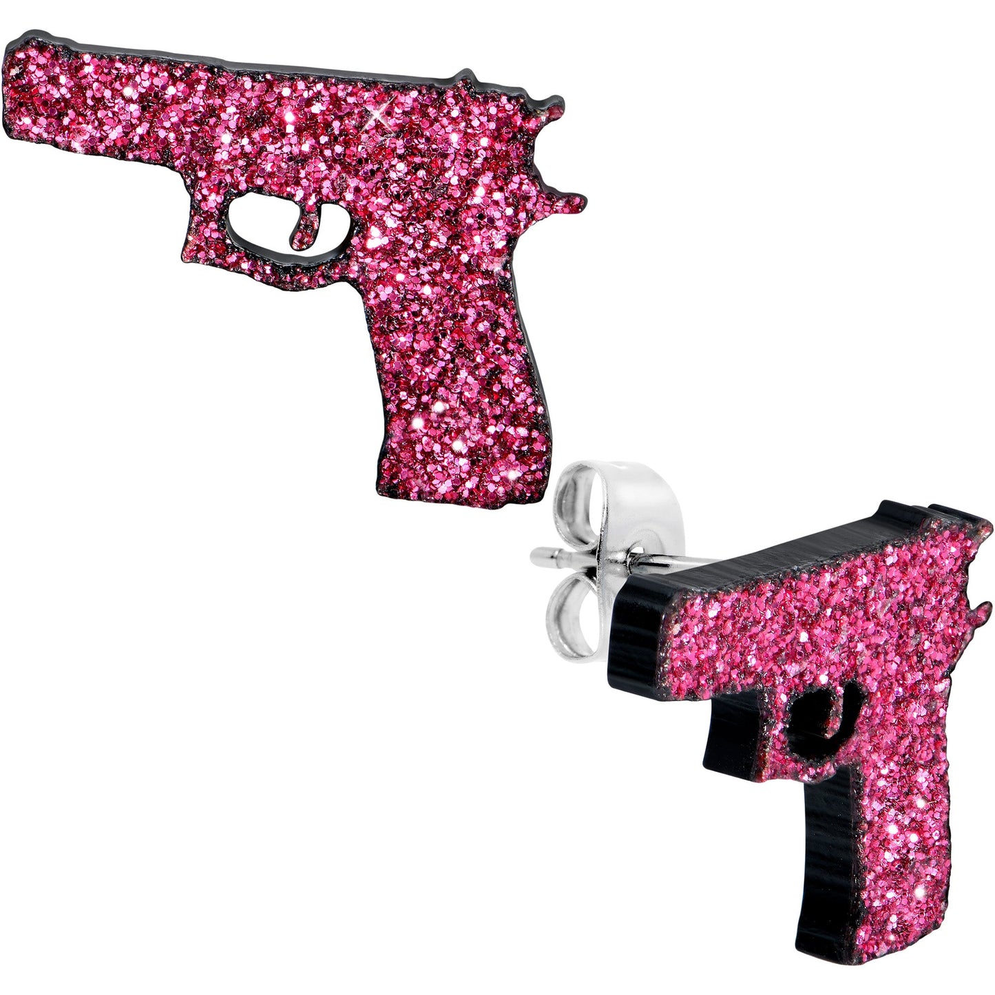 Pink Glitter Gun Stud Earrings Set