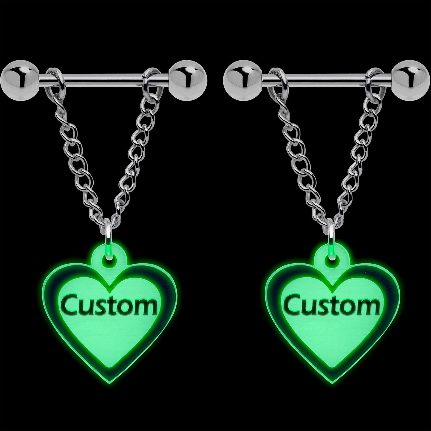 Custom Heart Glow in the Dark Chain Personalized Name Dangle Nipple Ring Set