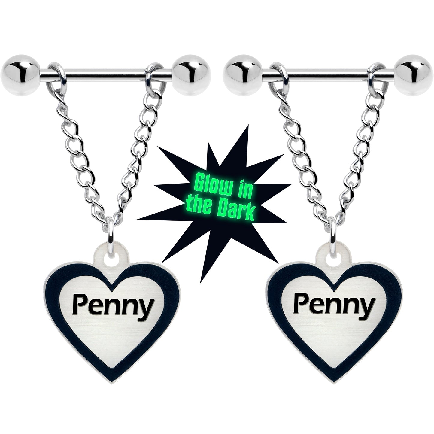 Custom Heart Glow in the Dark Chain Personalized Name Dangle Nipple Ring Set