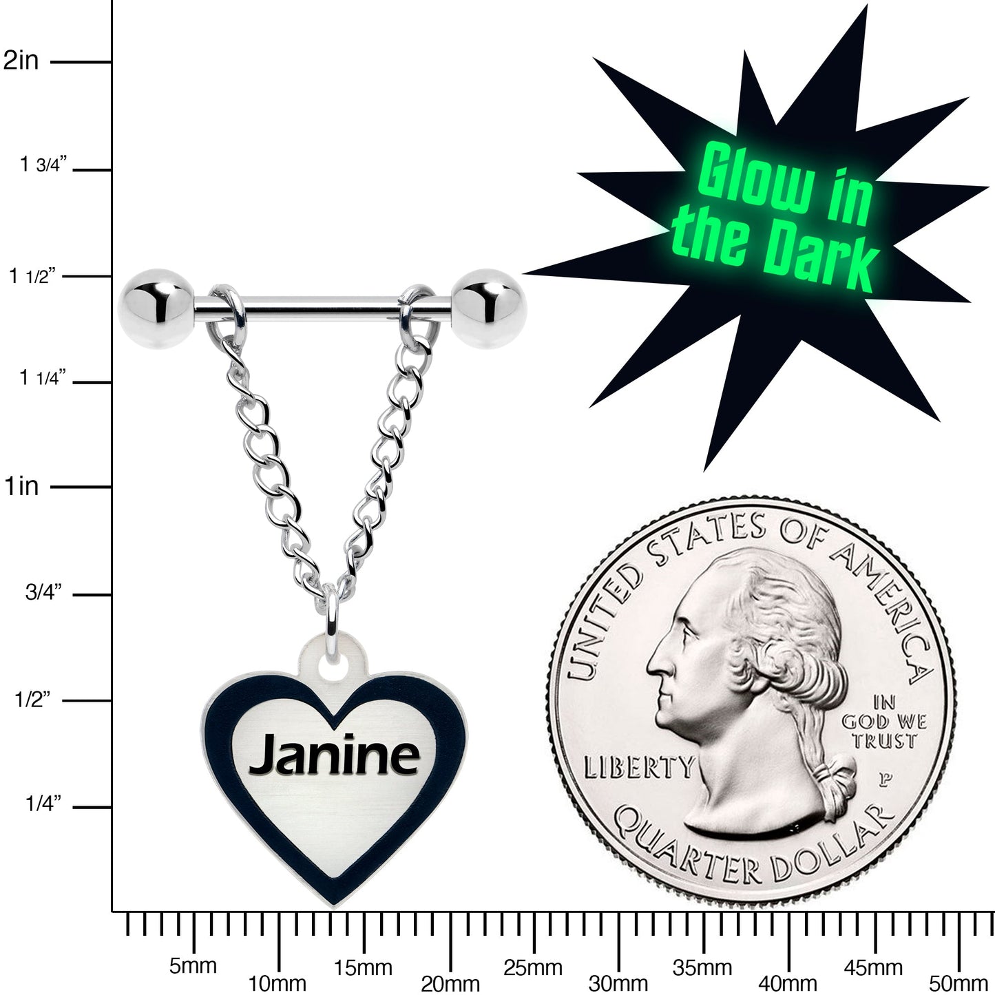 Custom Heart Glow in the Dark Chain Personalized Name Dangle Nipple Ring Set