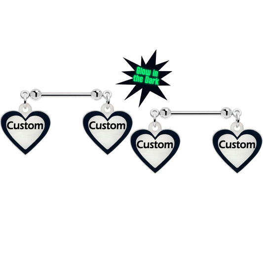 Custom Heart Glow in the Dark Double Personalized Name Dangle Nipple Ring Set