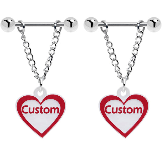 Custom Red White Heart Chain Personalized Name Dangle Nipple Ring Set