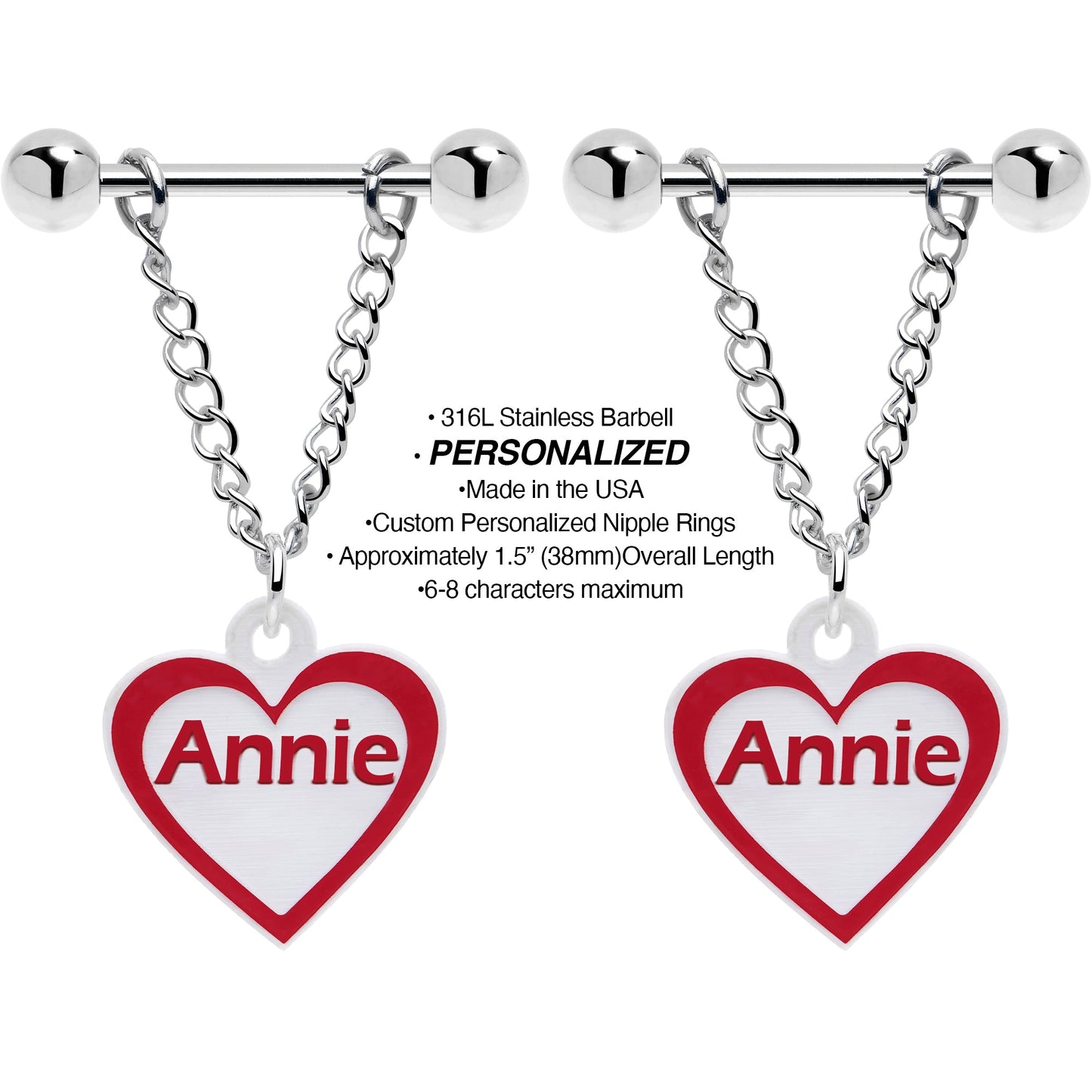 Custom Red White Heart Chain Personalized Name Dangle Nipple Ring Set
