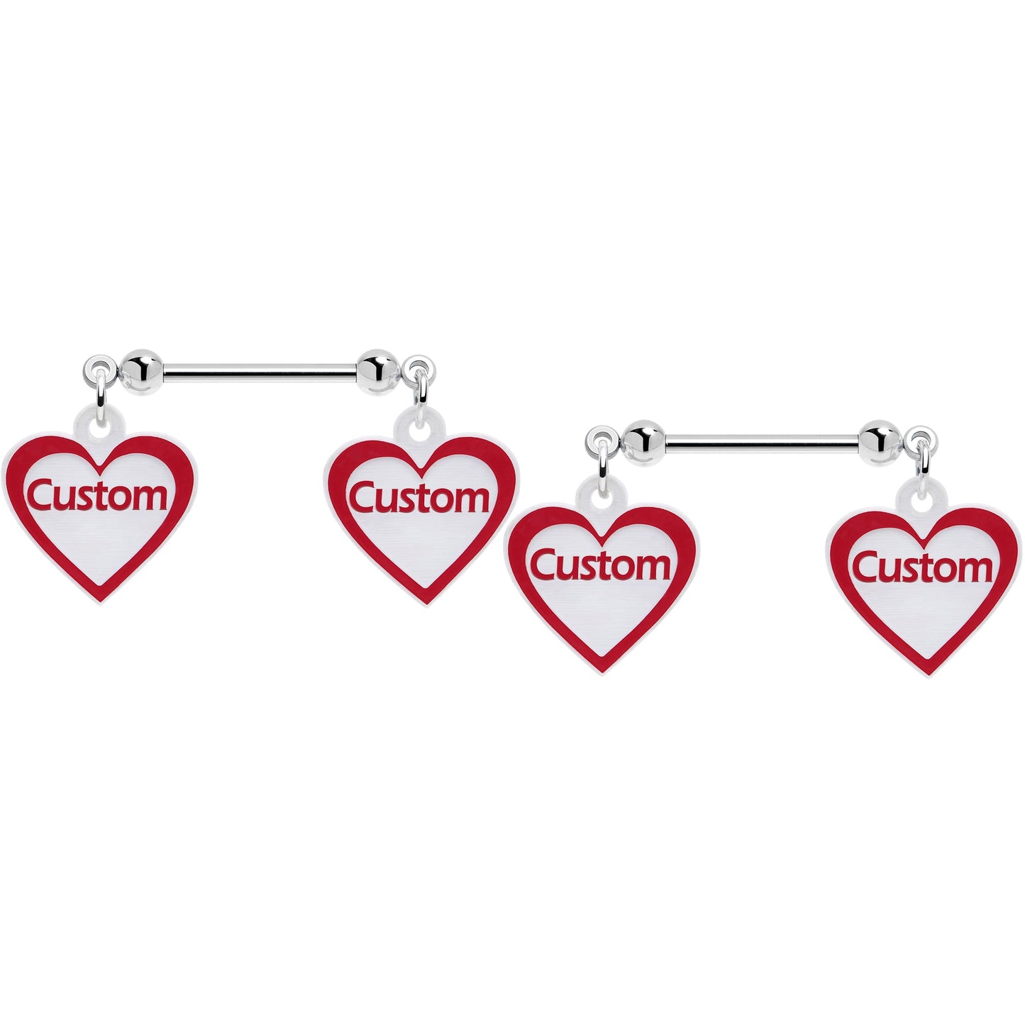 Custom Red White Heart Double Personalized Name Dangle Nipple Ring Set