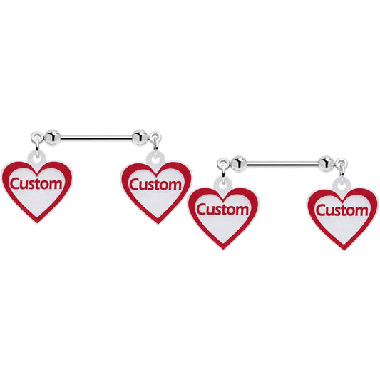 Custom Red White Heart Double Personalized Name Dangle Nipple Ring Set