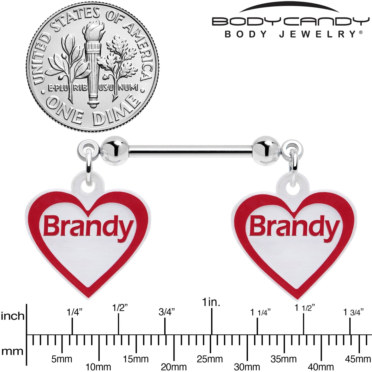 Custom Red White Heart Double Personalized Name Dangle Nipple Ring Set