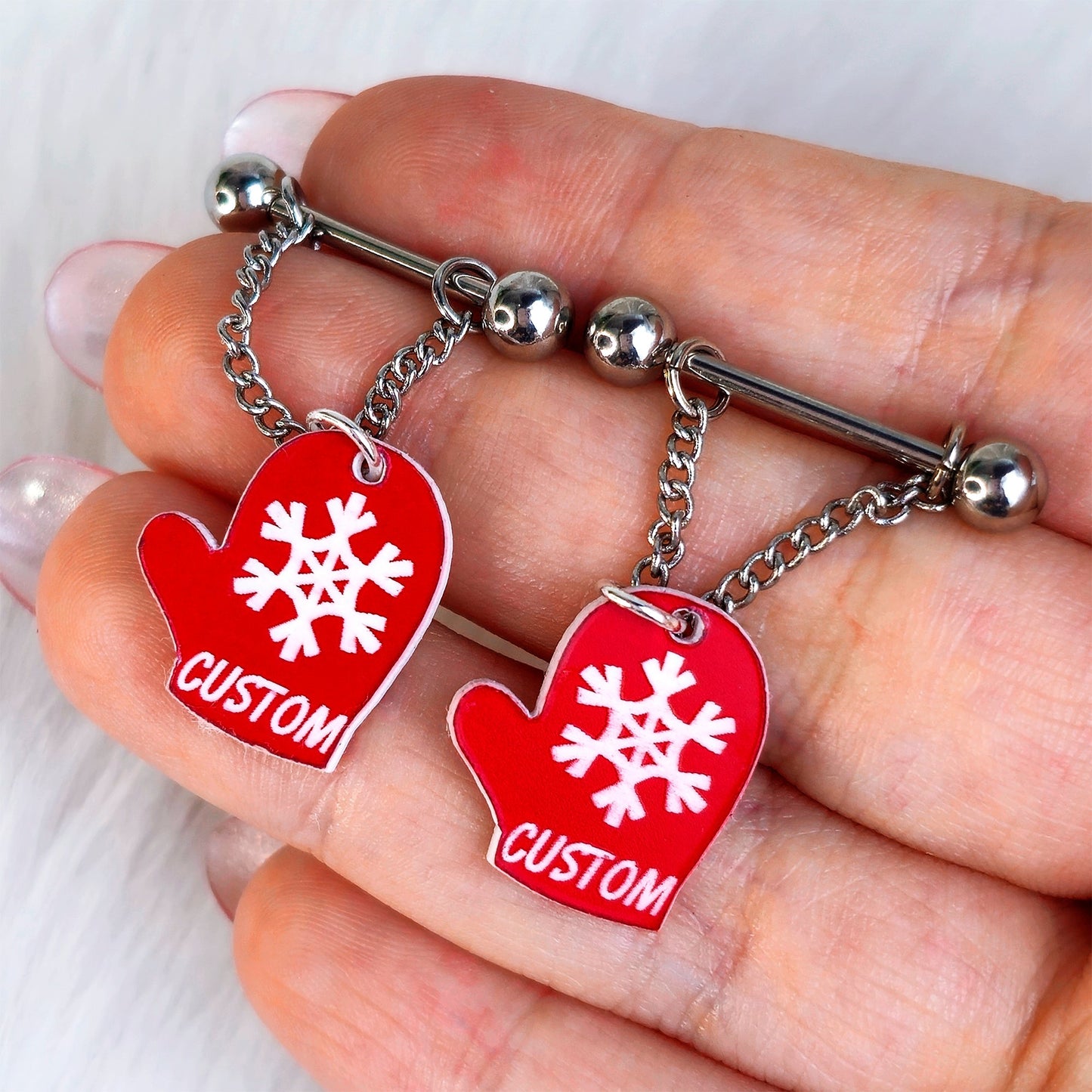 Custom Holiday Mittens Personalized Dangle Barbell Nipple Ring Set