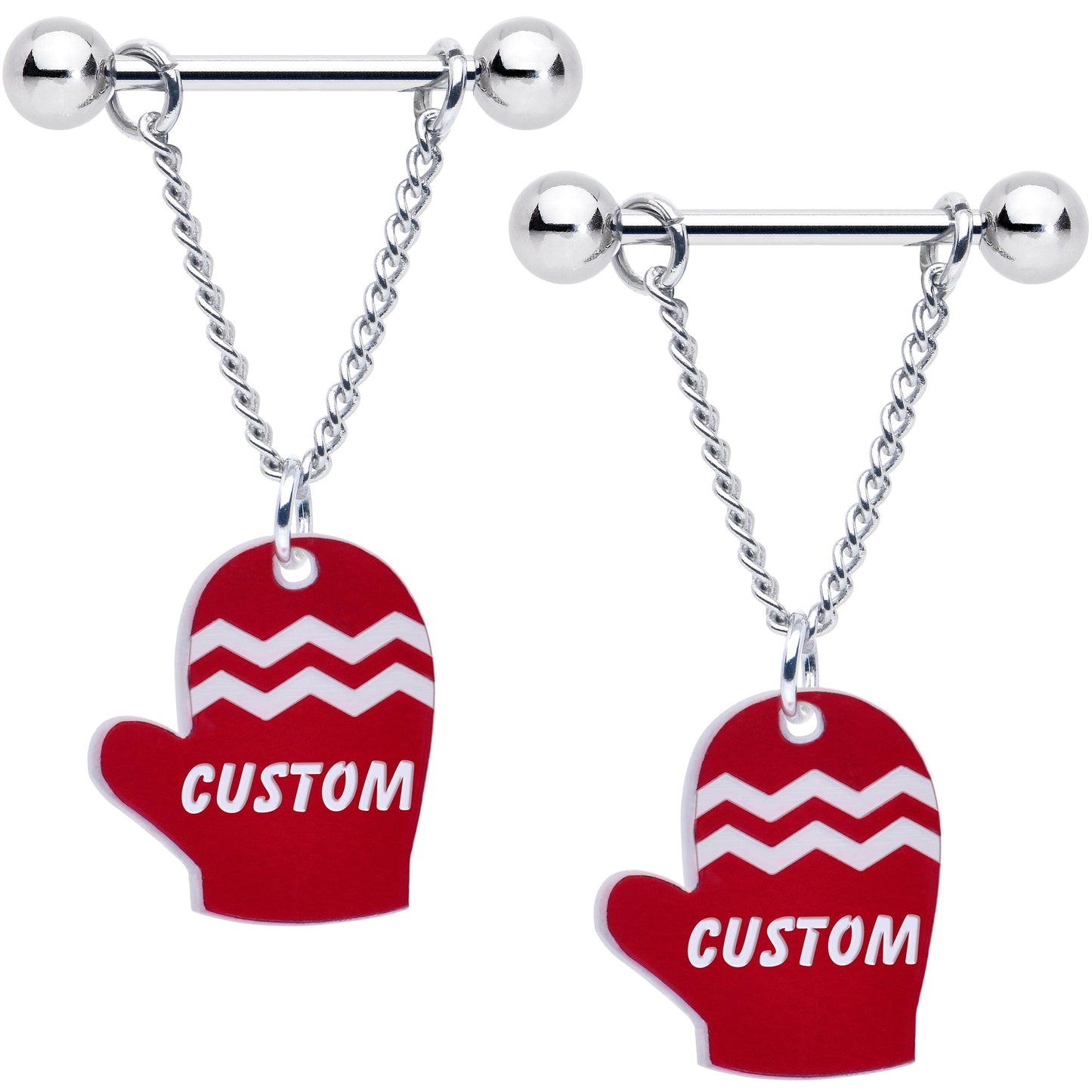 Custom Holiday Mittens Personalized Dangle Barbell Nipple Ring Set