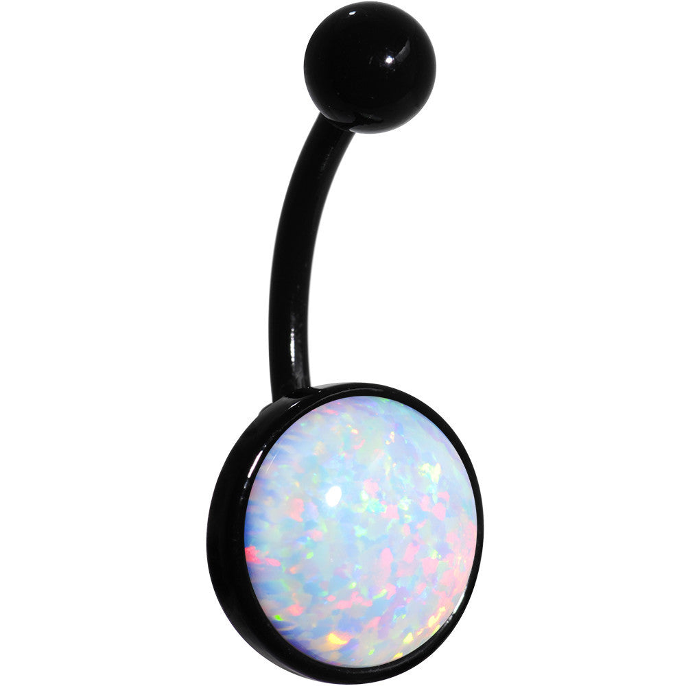 White Synthetic Opal Black Anodized Bottom Mount Belly Ring