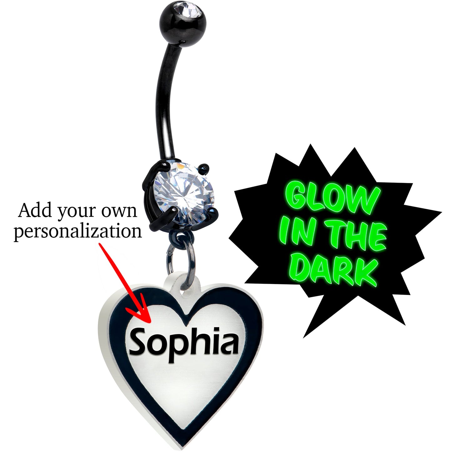 Custom Glow in the Dark Heart Dangle Personalized Belly Ring