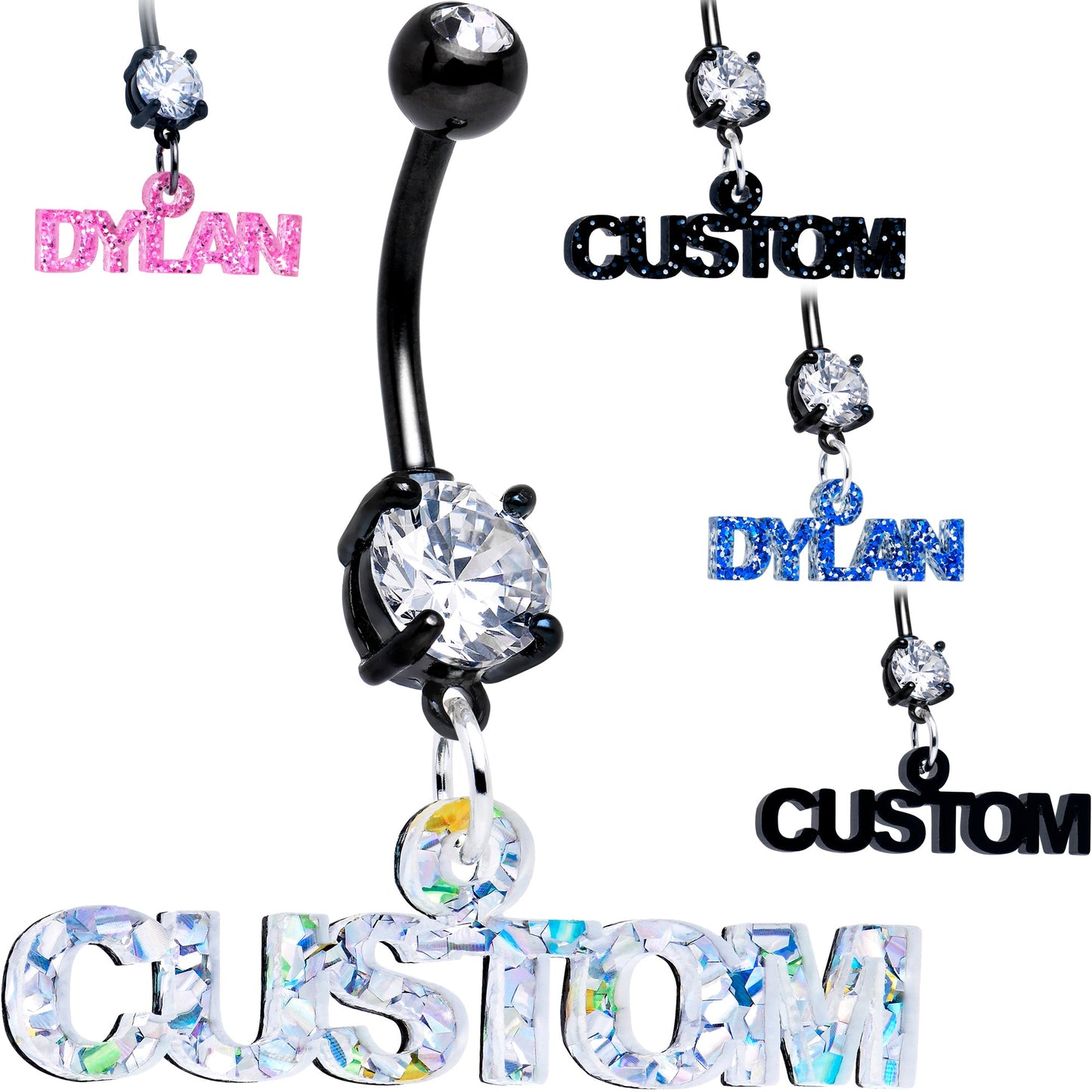 Custom Black Double Gem Personalized Name Belly Ring