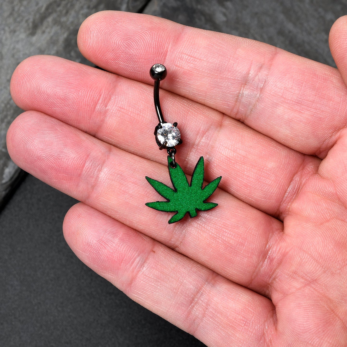 Double Gem Green Marijuana Pot Leaf Black Dangle Belly Ring