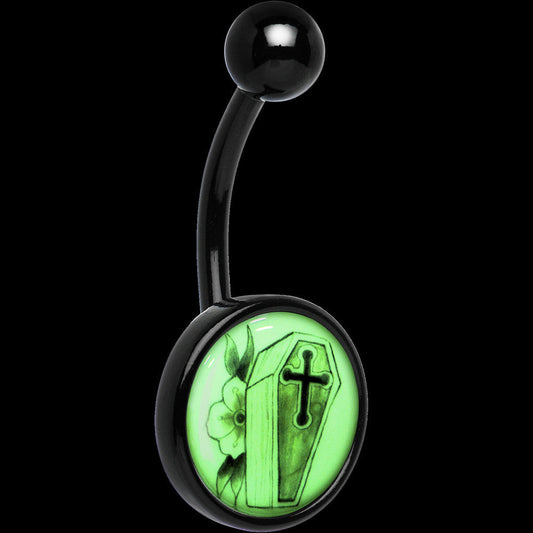 Black Titanium Coffin and Flower Glow in the Dark Belly Ring