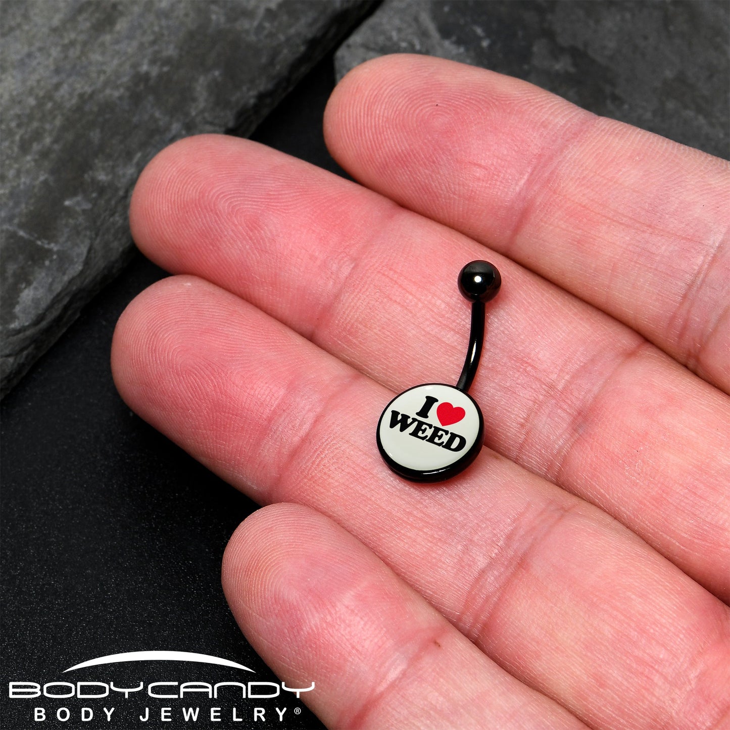 Black Anodized Glow in the Dark I Love Weed Belly Ring by Onyx O
