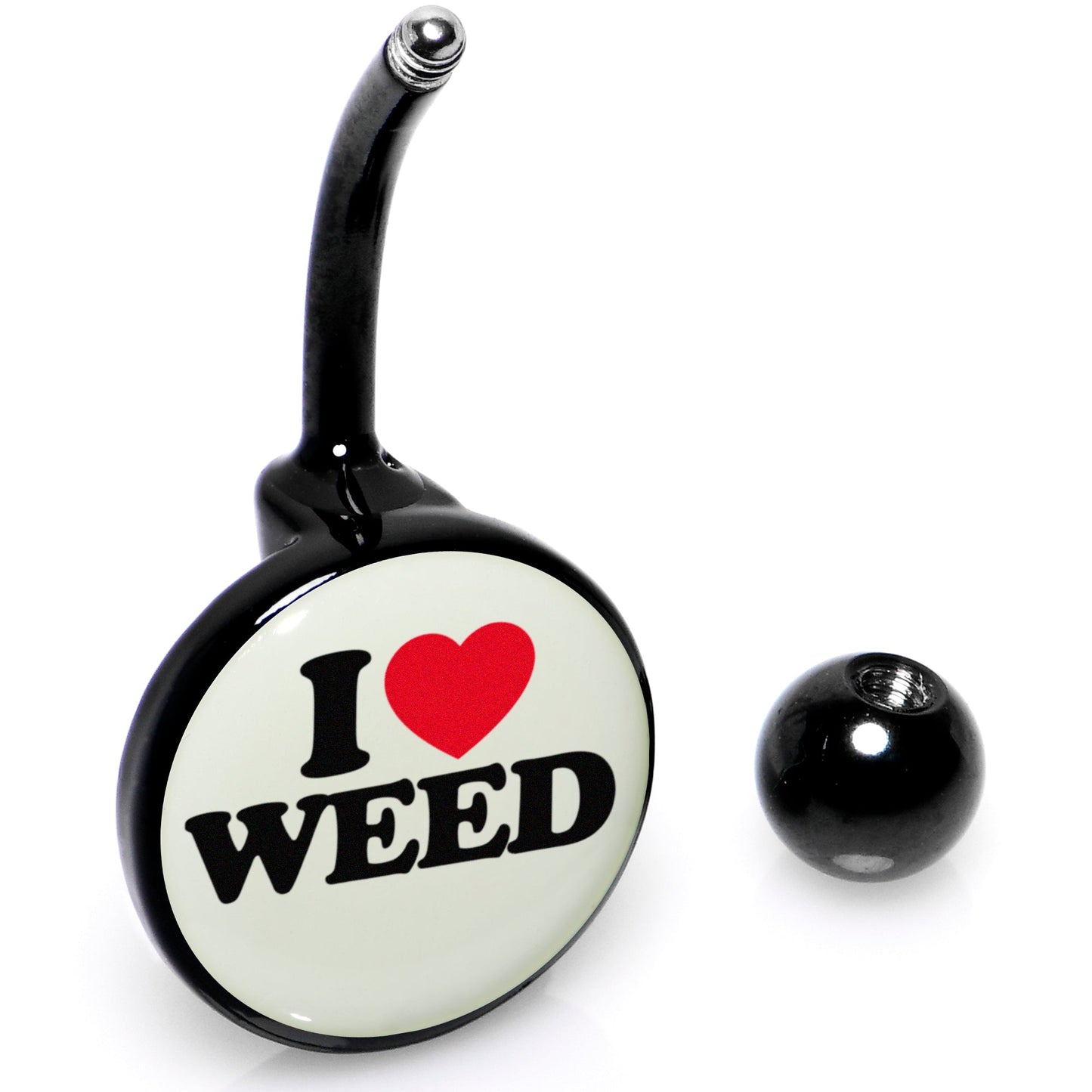 Black Anodized Glow in the Dark I Love Weed Belly Ring by Onyx O