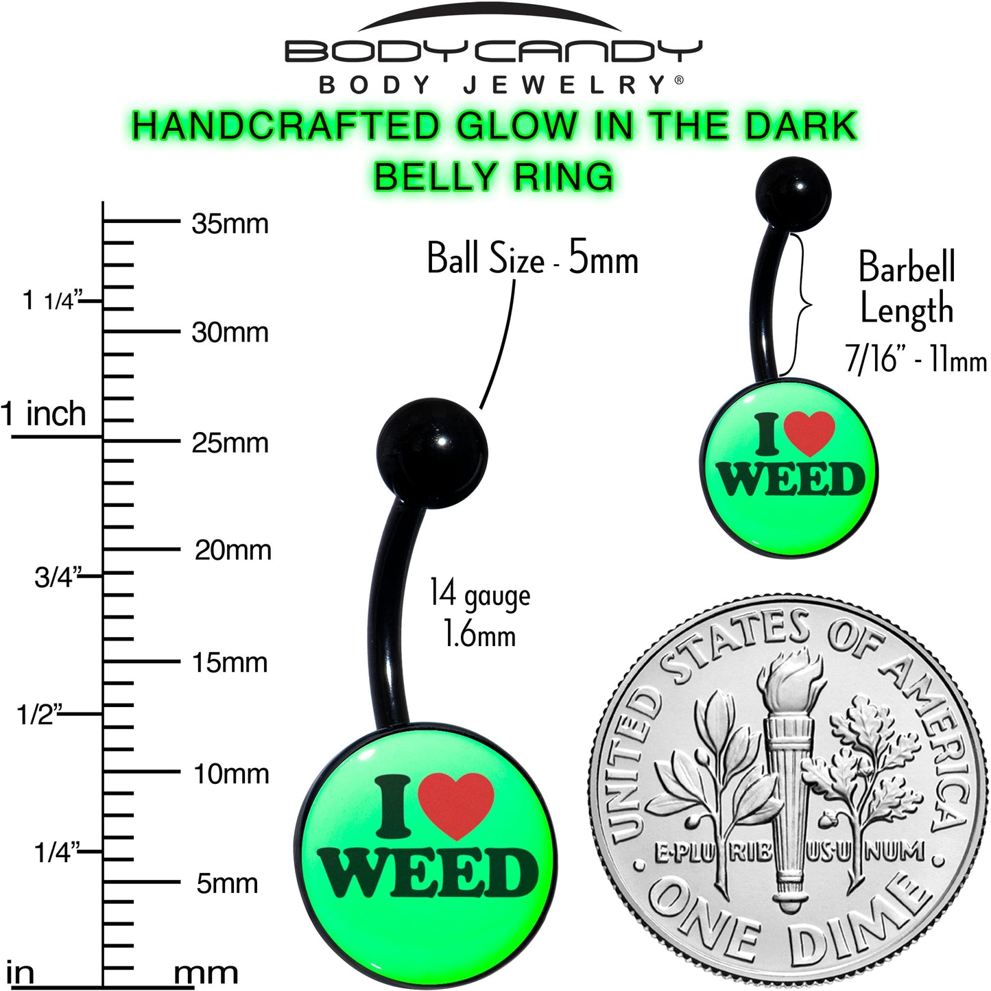 Black Anodized Glow in the Dark I Love Weed Belly Ring by Onyx O