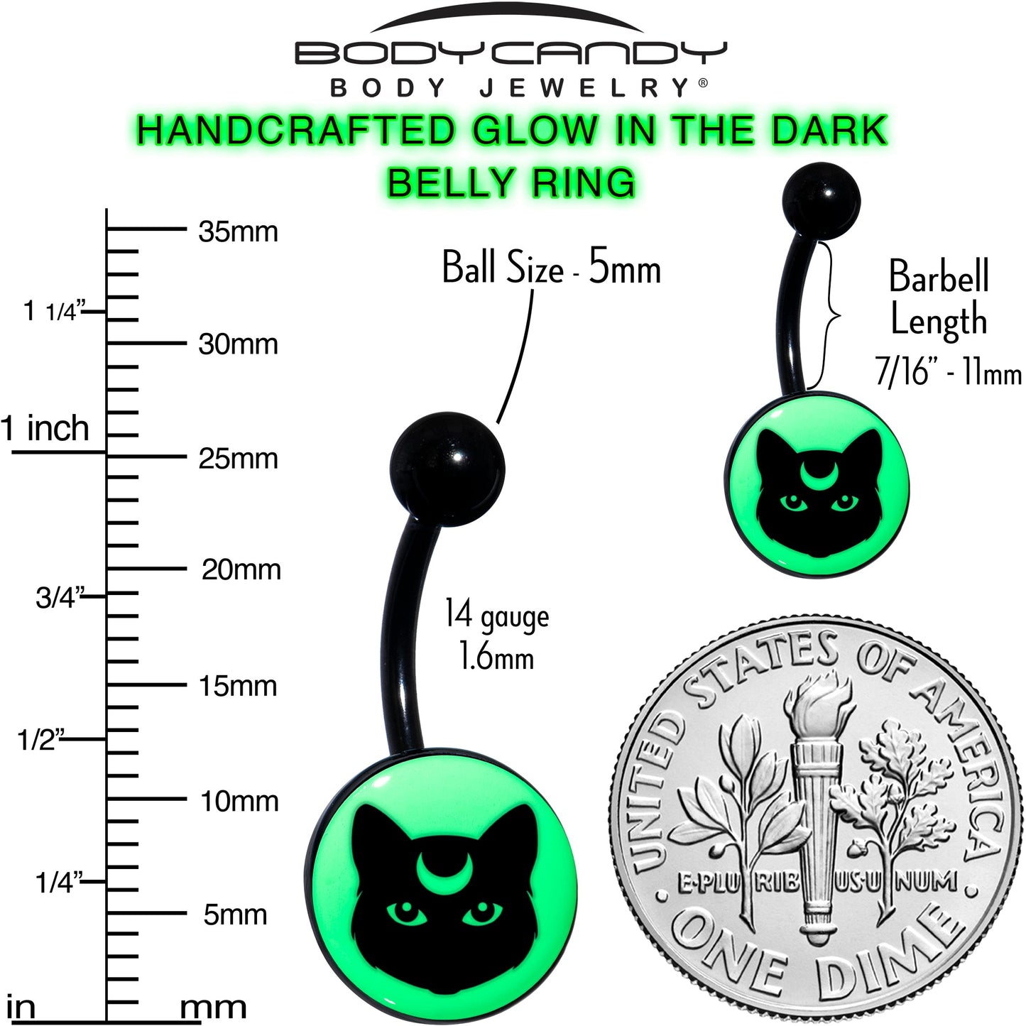 Glow in the Dark Mystic Kitty Cat Belly Ring by Onyx O