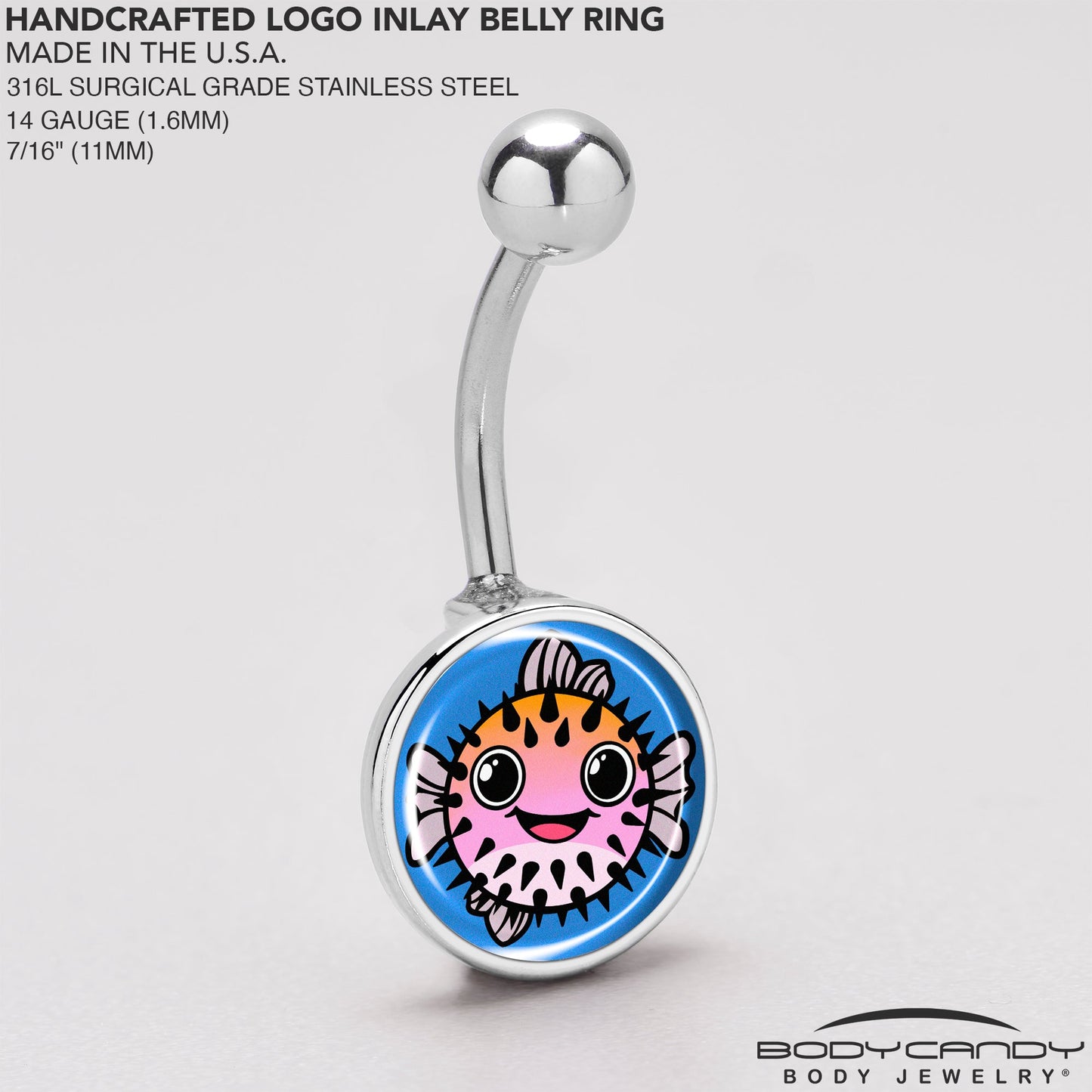 Swimming Pink Pufferfish Belly Ring by Onyx O